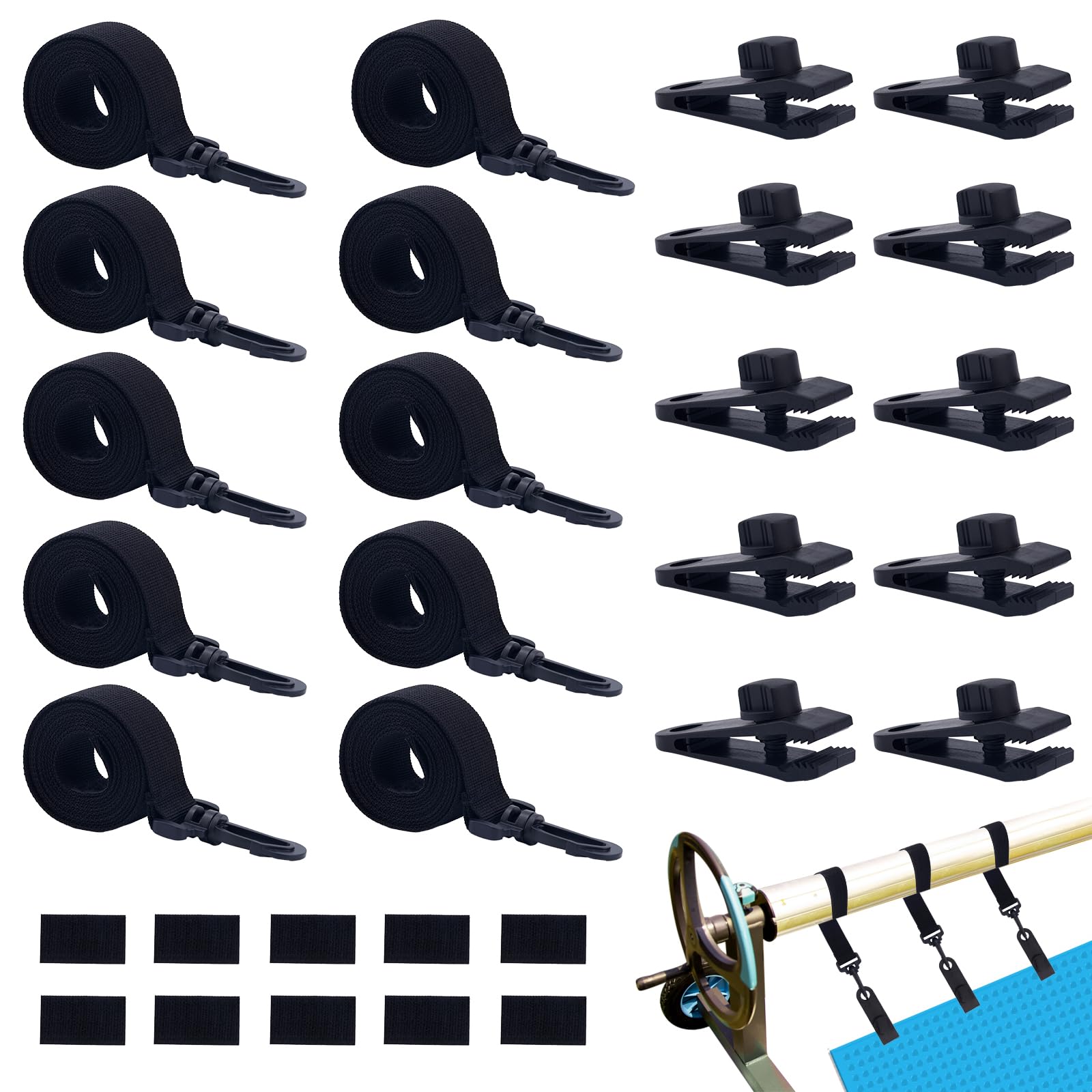 BOXOB 18pcs Kit d'attache Enrouleur Couverture Solaire Piscine, Comprend 6 Bandes Couverture Solaire avec Crochets 6 Pinces Piscine & 6 Fermetures Auto-Agriffantes