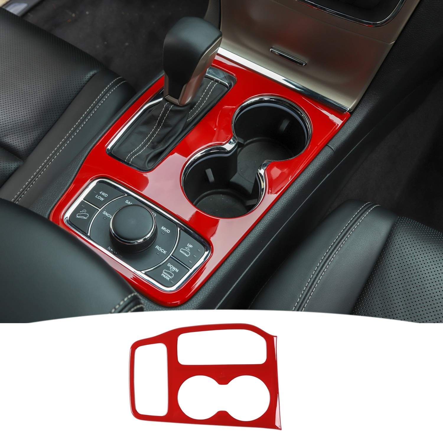 CheroCar for Jeep Grand Cherokee Gear Shift Panel Cover Cup Holder Center Console Stickers Trim for Jeep Grand Cherokee 2016-2020, Interior Decoration Accessories (Pure Red)
