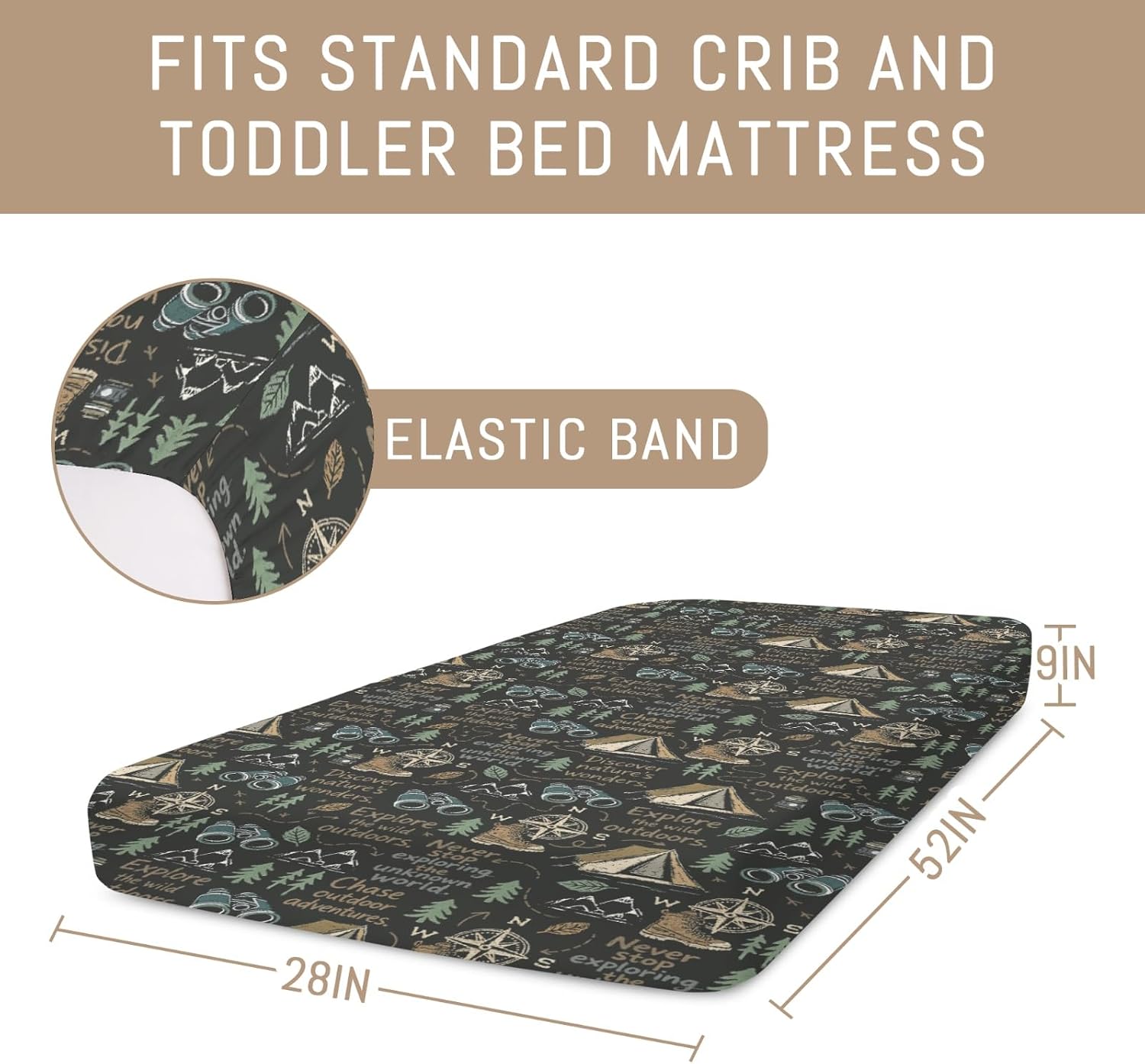 Camping Outdoor Adventure Baby Crib Sheets for Boys Girls Camp Compass Trees Mountain Soft Snug Fitted Crib Mattress Covers for 52''x28'' Standard Crib & Toddler Mattress Nature Lover Bed Sheets