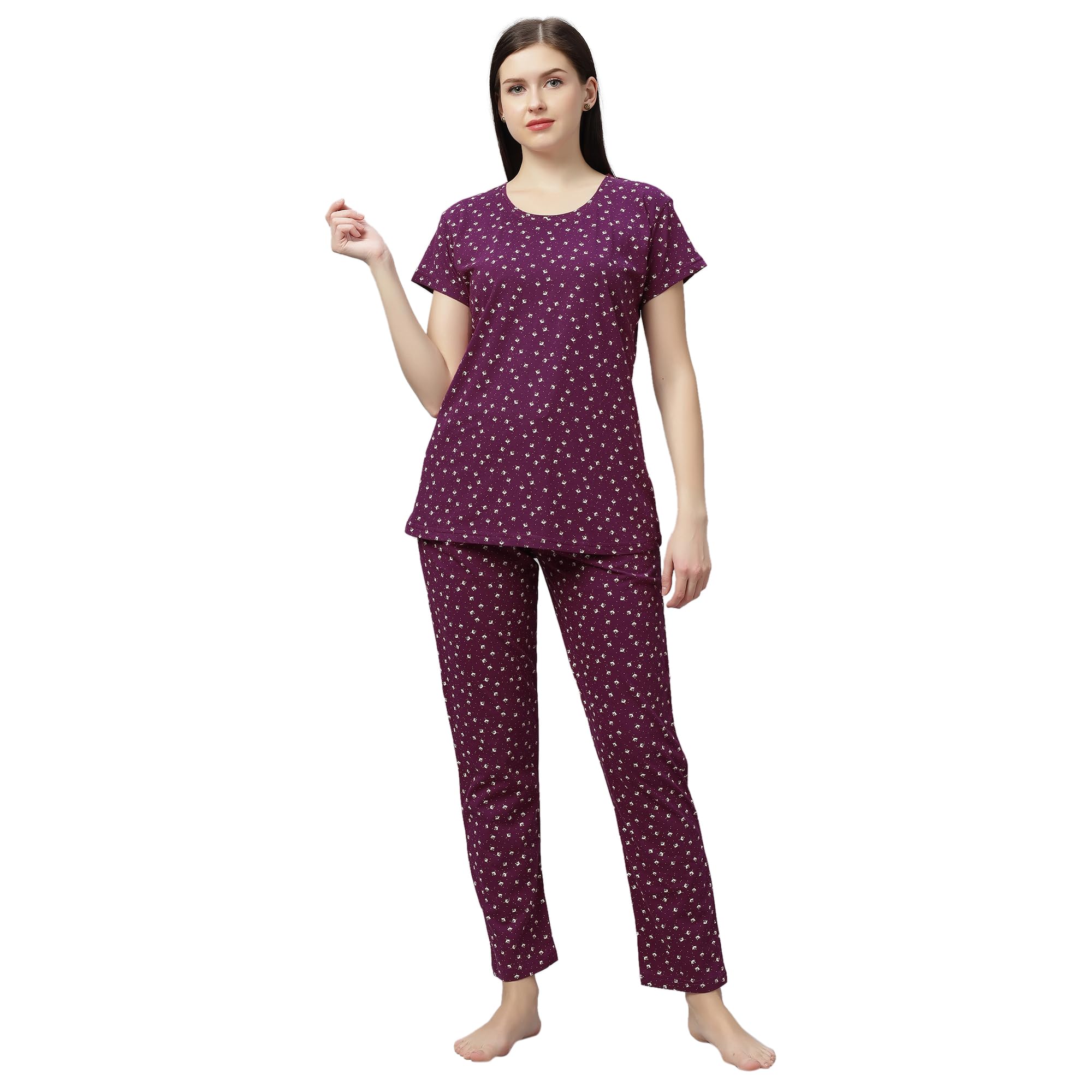 dzzo Women's Cotton Printed Night Suit Pajama Set – Soft & Comfortable Sleepwear for Women – Stylish Lounge Wear with Half Sleeves Top & Elastic Waist Pajamas-picture-32