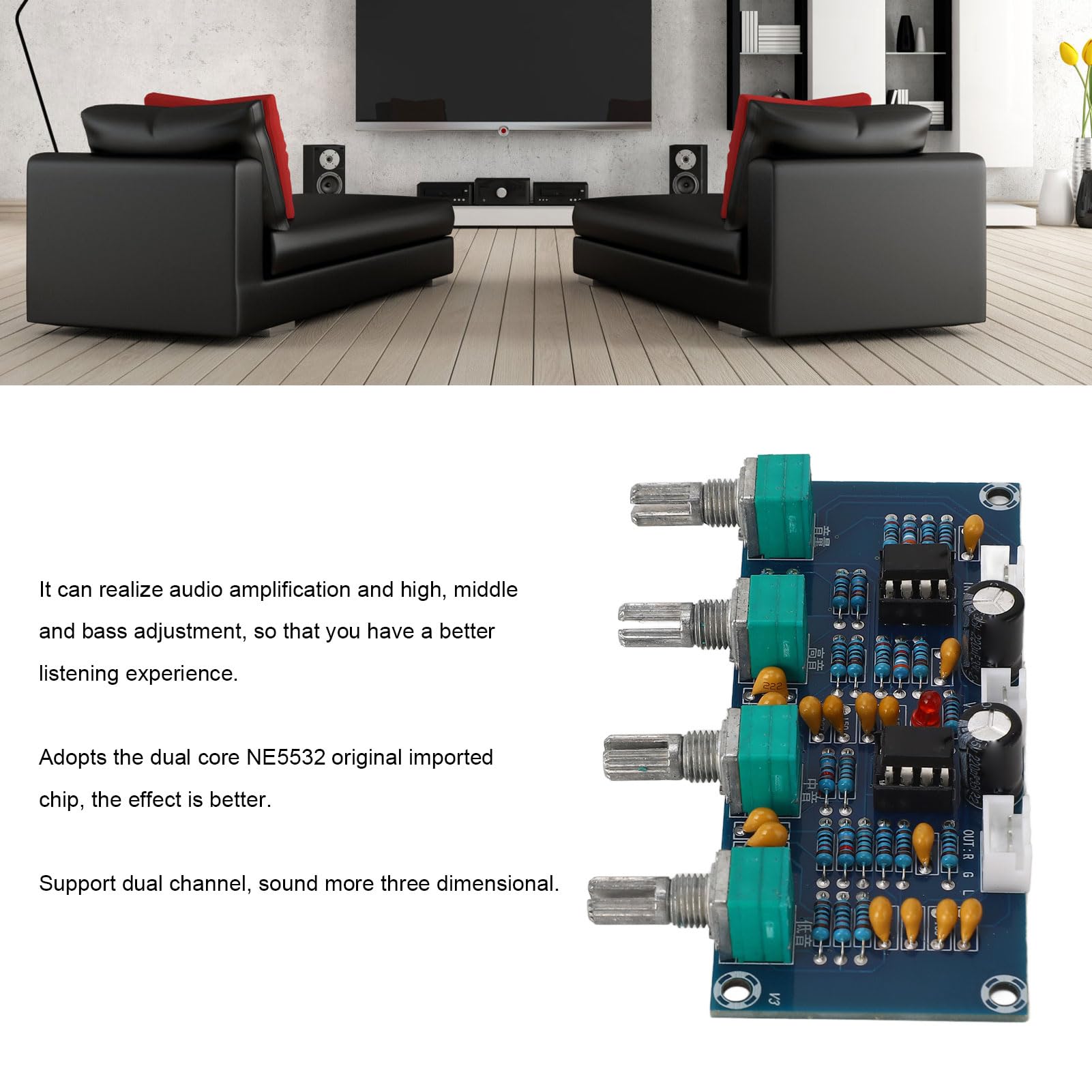 Preamplificatore a Doppio Canale NE5532 Regolazione Bassi Medio-Alti DC 12V-24V