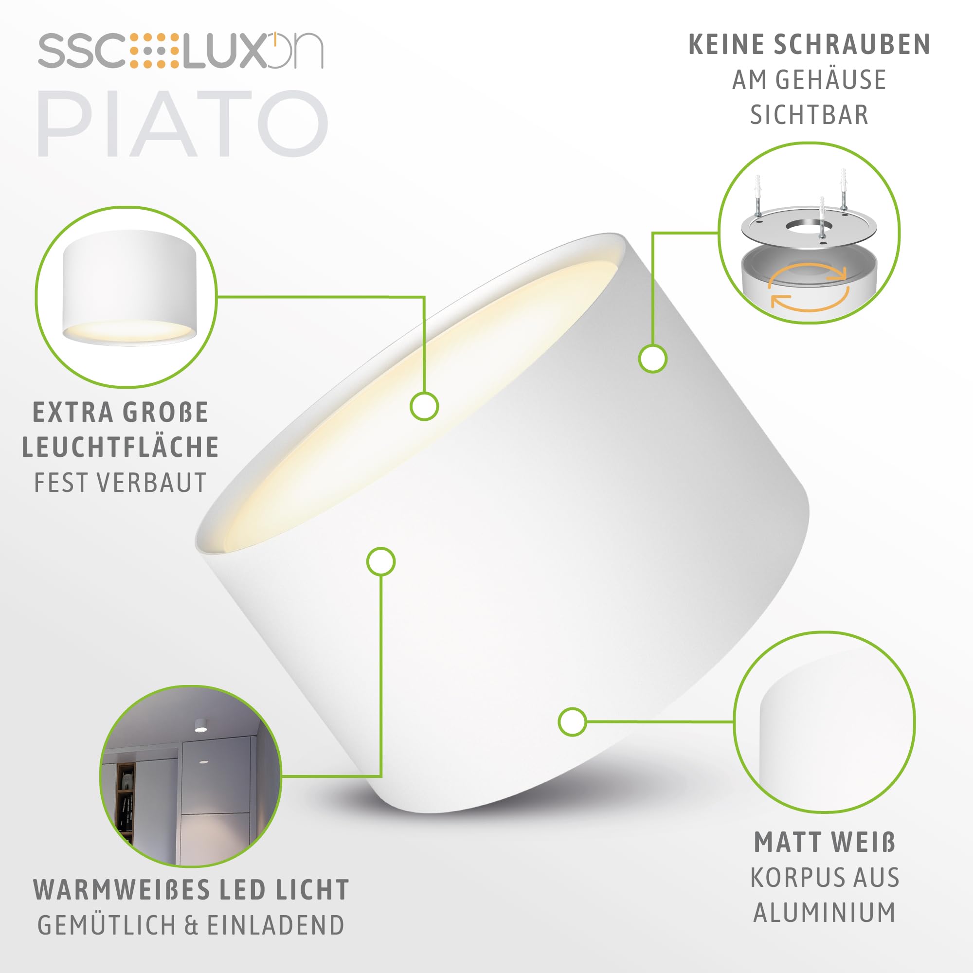 SSC-LUXon PIATO Aufbaustrahler 4er Set weiß rund 6W warmweiß Decke inkl LED | Vier flache Aufputz-Deckenspots weiß matt - warmweiß 6W, für Wohnzimmer, Flur & Büro, direkt an 230V, Ø14cm, inkl. LED