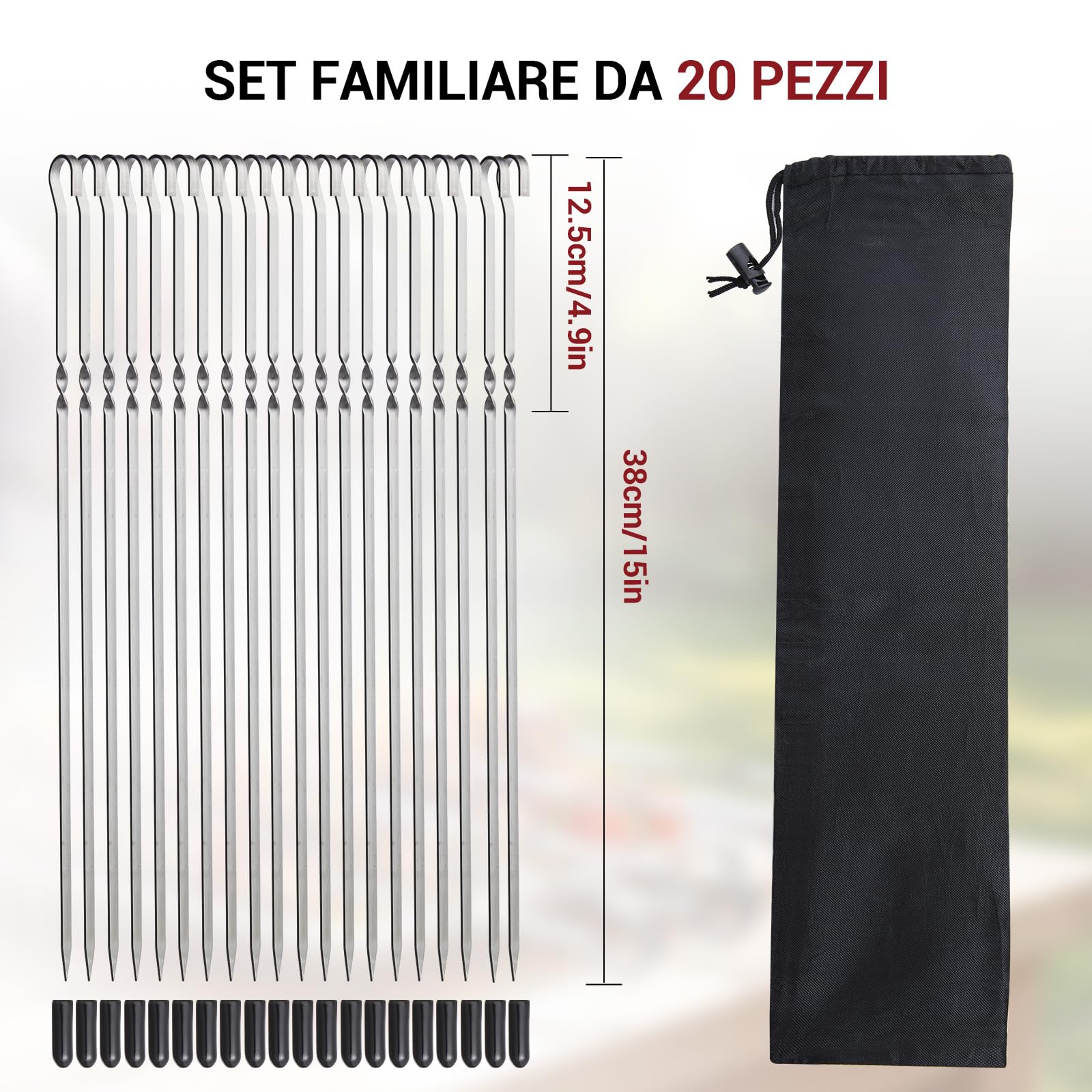 Homealexa BBQ Kabob Spiedini in Acciaio Inox Set 20 Pezzi Spiedi Piatti Riutilizzabili 37,5cm per Barbecue Grigliatura Carne Verdure BBQ Bastone