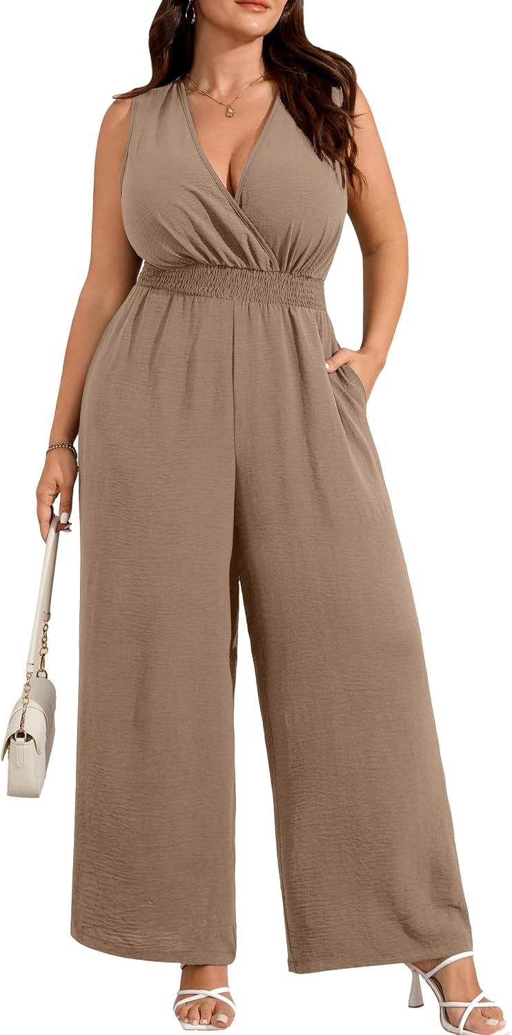 RWJ Plus Size Jumpsuits for Women Dressy Casual Wrap V Neck Sleeveless Zipper Outfits Wide Leg Pant Rompers with Pockets