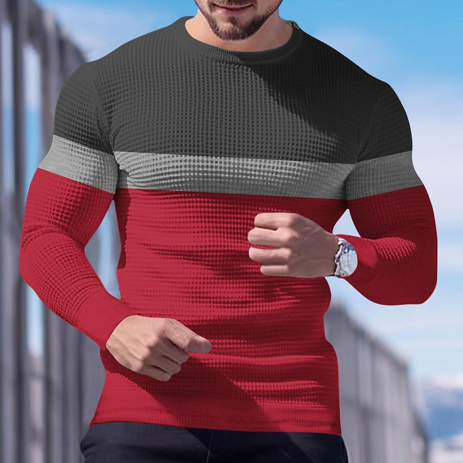 Men Waffles Shirts Comfy Loungewear Pajamas Tops Fashion Color Block Striped Long Sleeves Crewneck Muscle T-Shirts