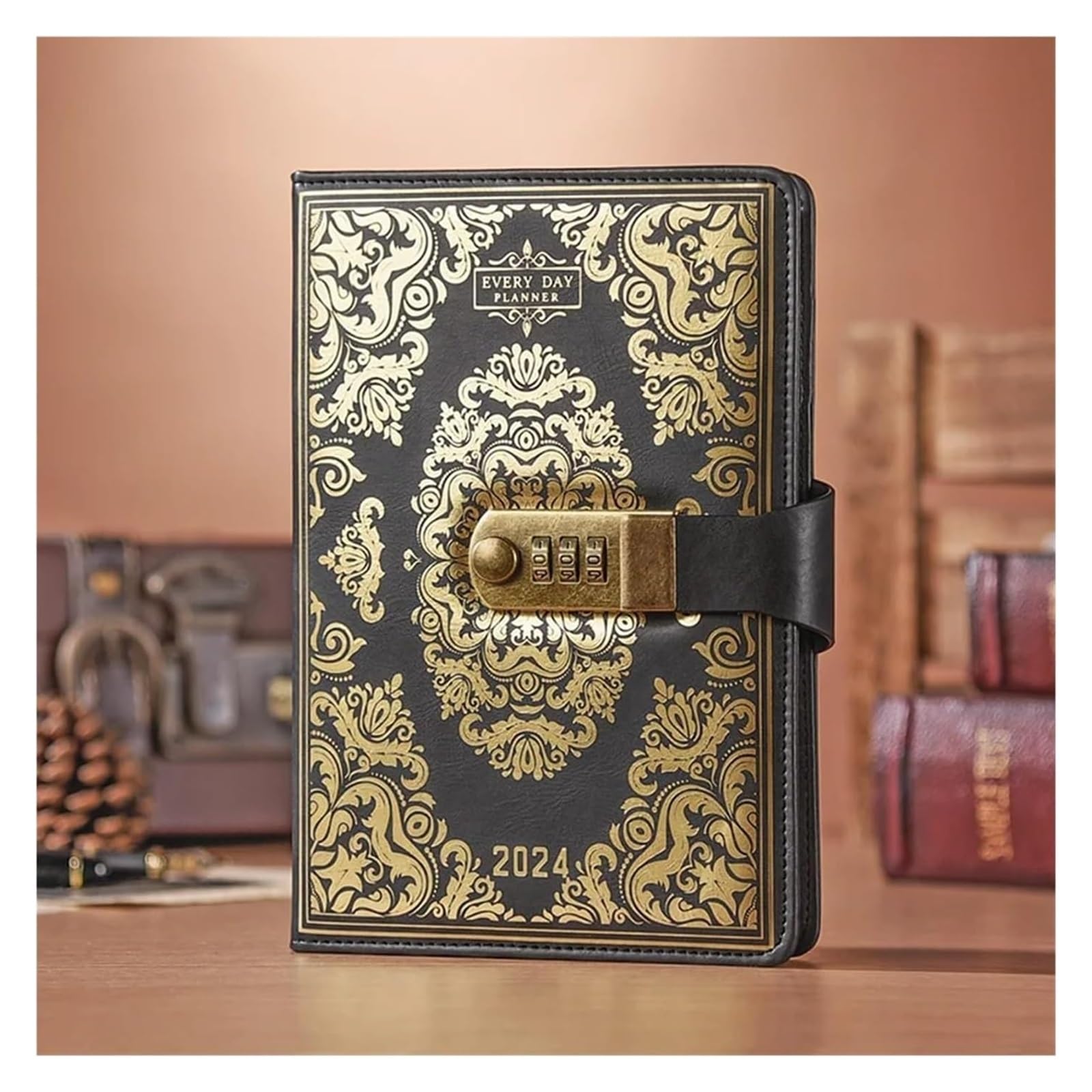 Diario A5 de 400 páginas con bloqueo de metal retro Cuaderno con contraseña Agenda Planificador Bloc de notas Plan diario mensual Horario de tareas pendientes, Diario del estudiante(Black)