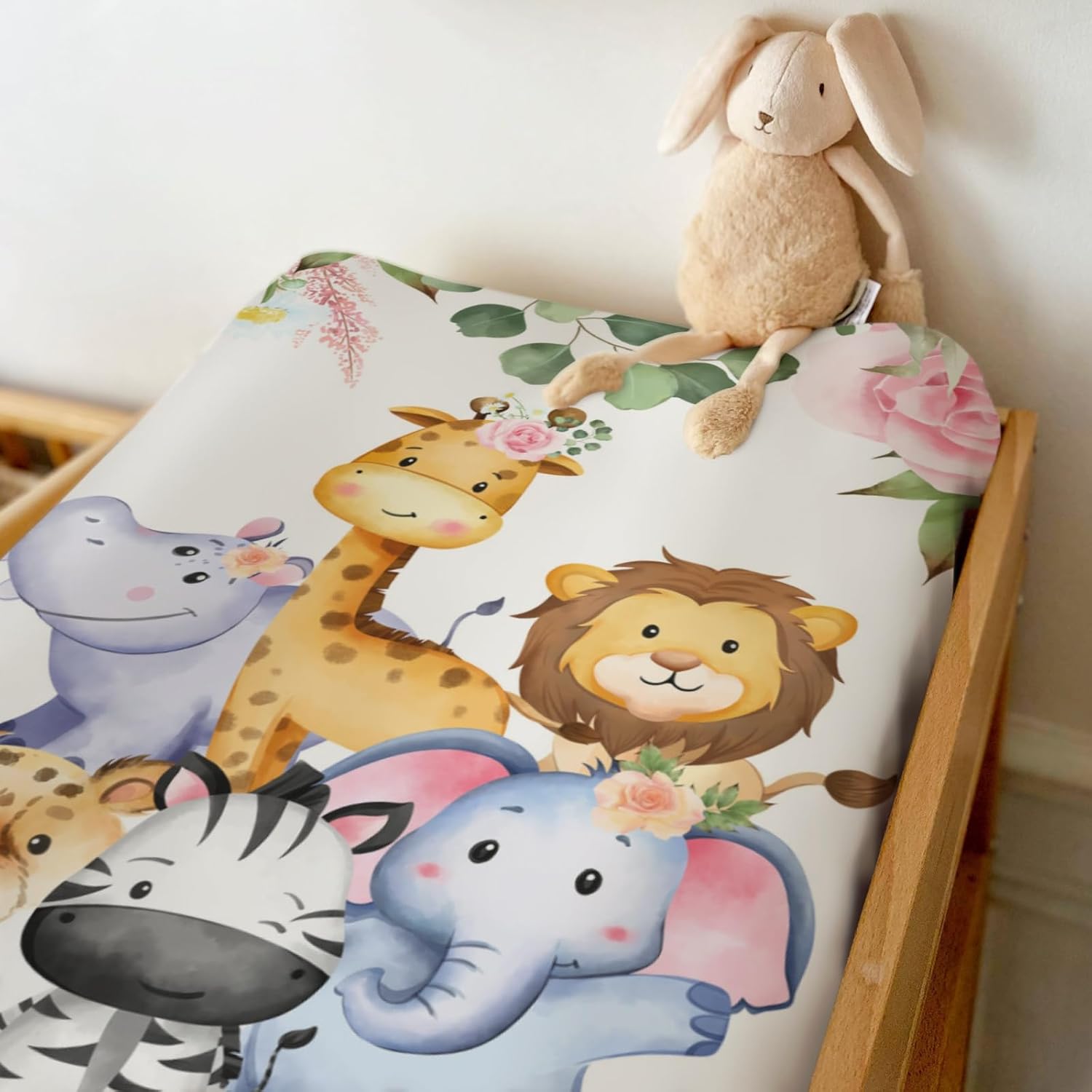 Jungle Animals Changing Pad Covers for Baby Girl Boy Zoo African Safari Tropical Floral Leaves Fitted Changing Table Cover Mats Lion Giraffe Elephant Hippo Soft Diaper Change Table Sheets 32''×16''