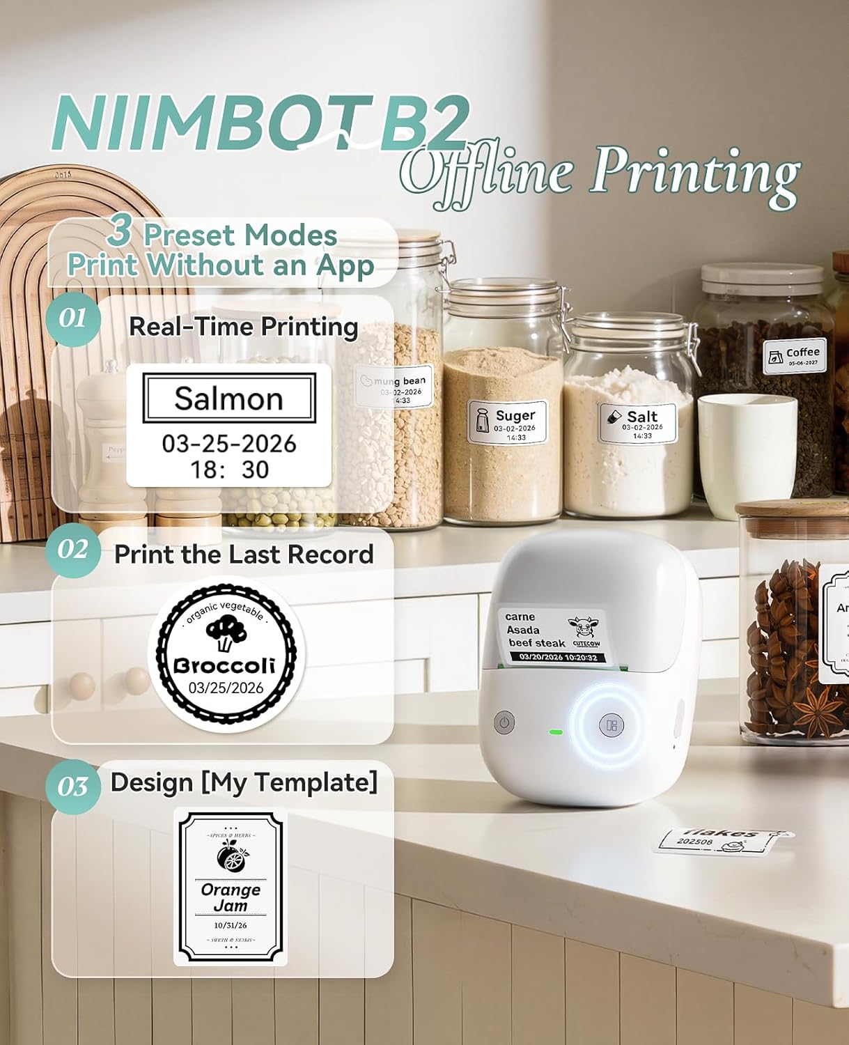 NIIMBOT B2 Label Maker Machine with Tape, Portable Bluetooth 2Inch Label Printer with Multiple Templates, Thermal Labeler for Home Kitchen Office Coffee Shop Bakery Organization, Gray White