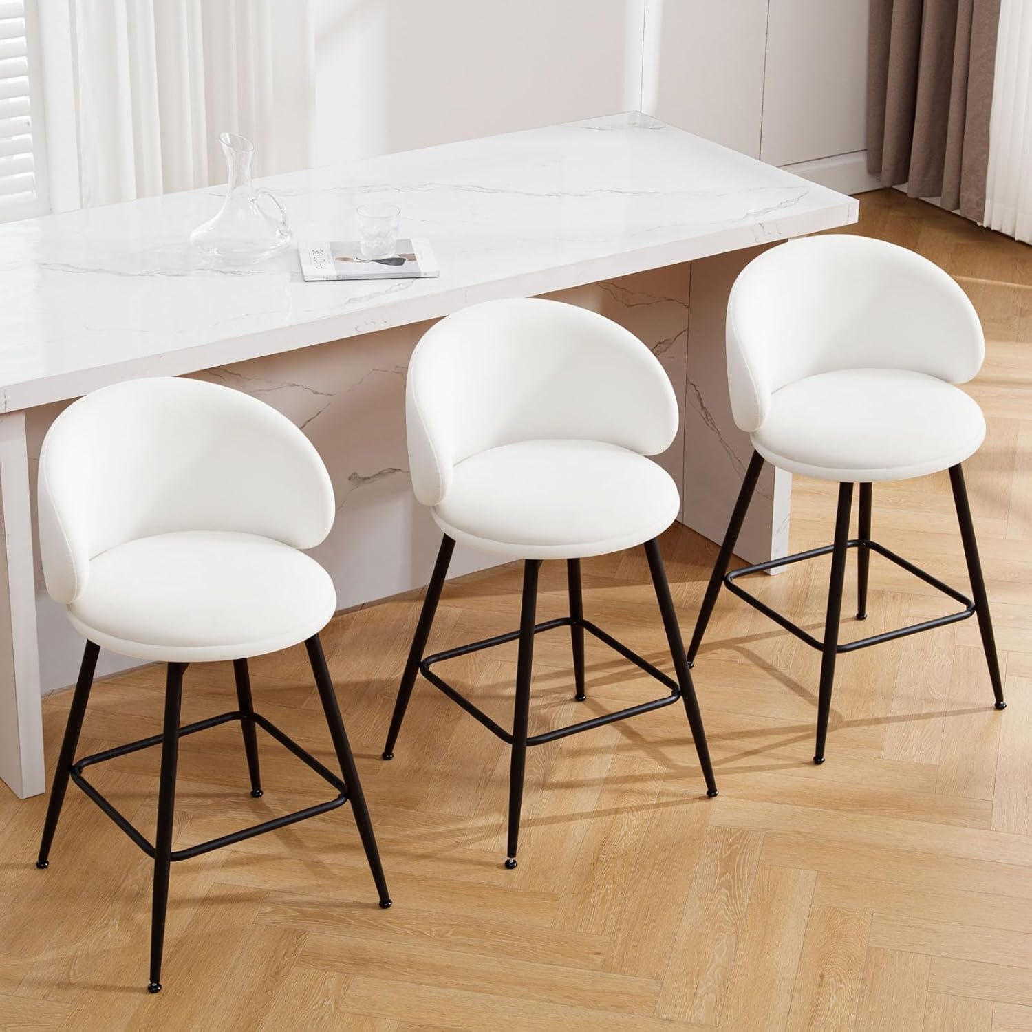 Bekrvio 26" Counter Height Swivel Bar Stools with Back, Set of 3, Velvet Upholstered Kitchen Barstools Modern Bar Chair Island Stools for Kitchen Counter, Cream White, Sillas para barra de cocina