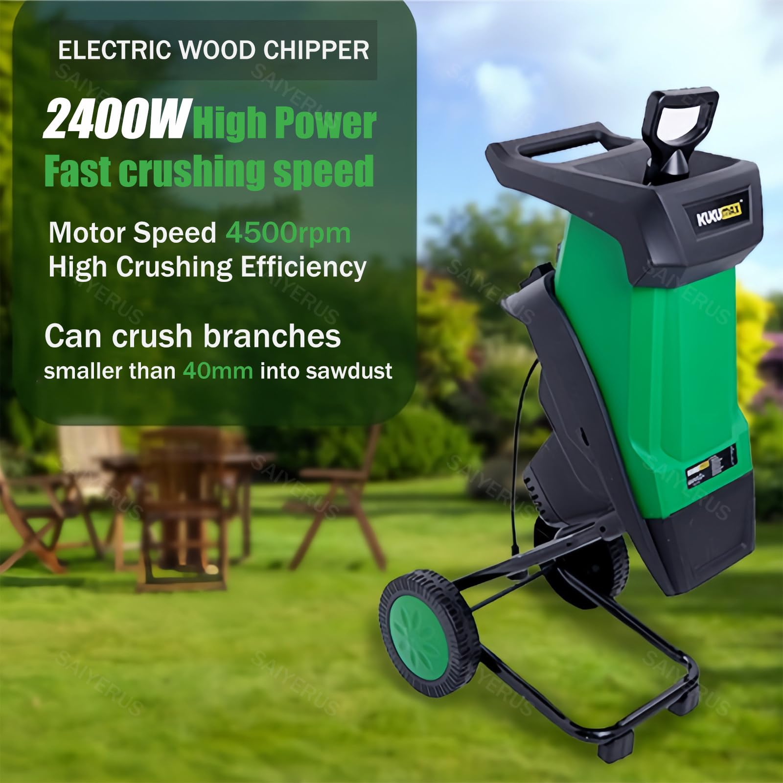 Trituratore elettrico da giardino da 2400 W, trituratore multifunzionale per rami di foglie, con sacchetto per detriti, capacità di taglio 40 mm per rami, ramoscelli, foglie