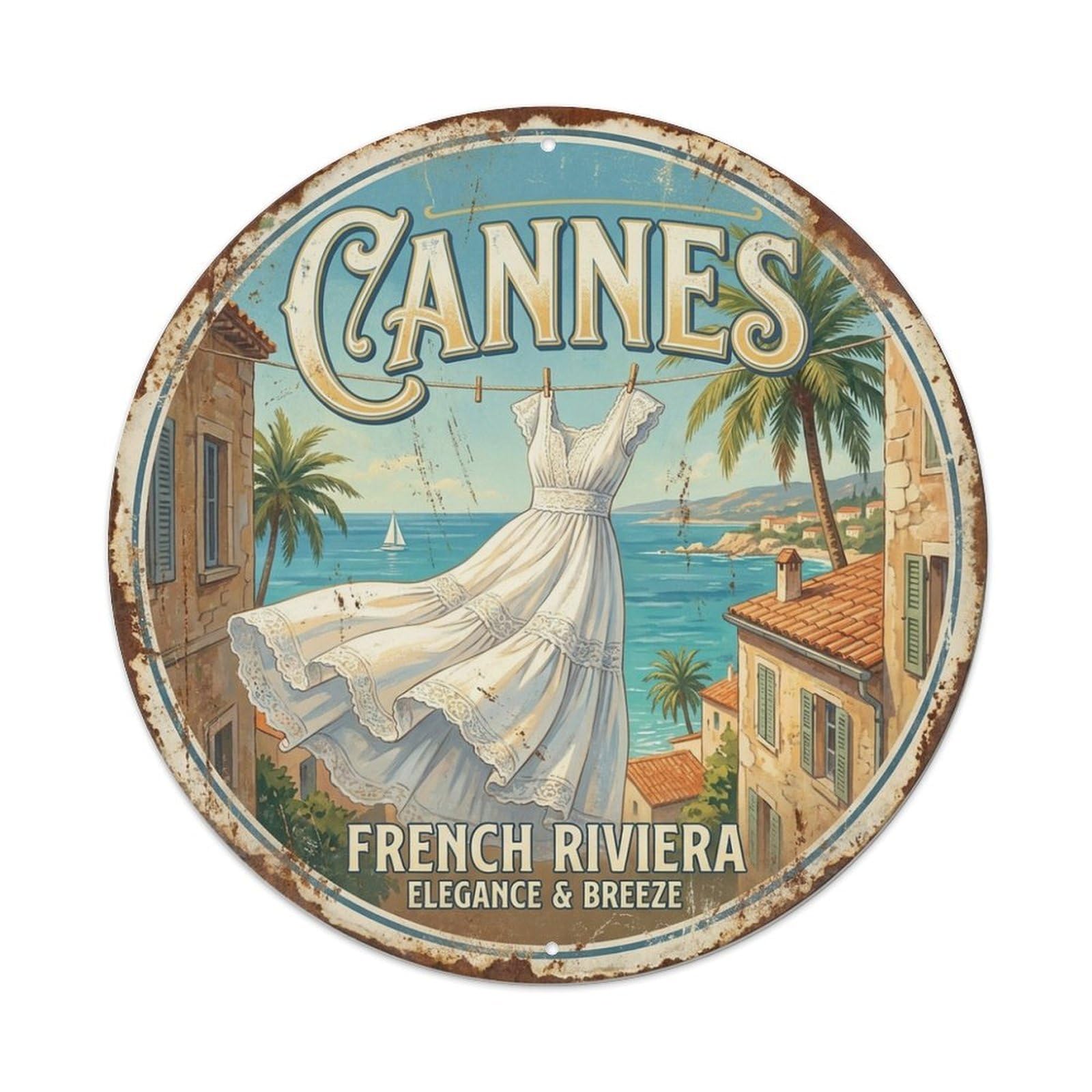 Retro Cannes White Dress French Riviera Culture Travel Metal Tin Sign