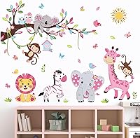 Vista 2 de wondever Calcomanías de pared de ramas de árbol de animales rosados, elefante, león, jirafa, arte de pared para habitación de niñas, bebé