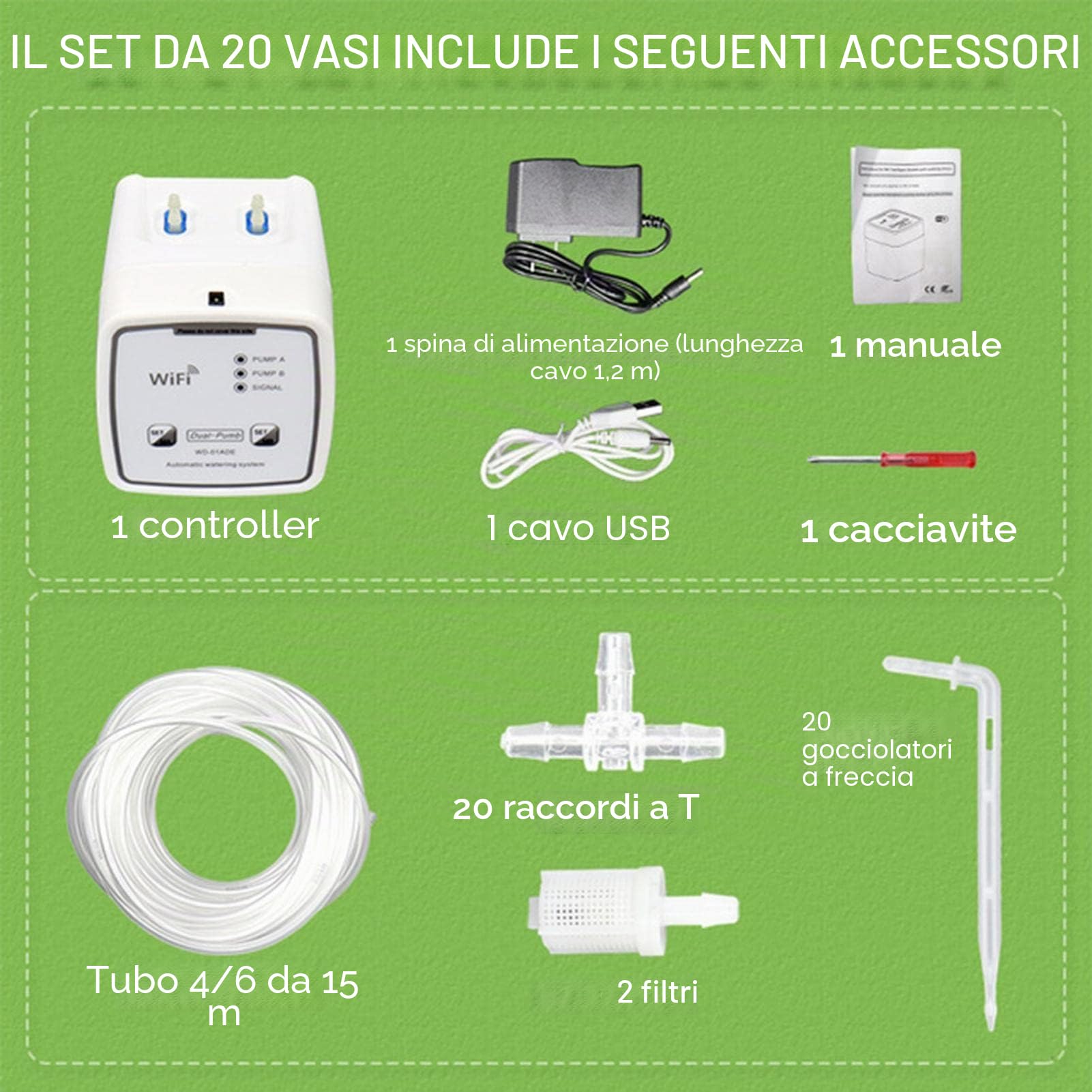Sistema di Irrigazione Automatico WiFi Fai Da Te Con Timer - Set di 15 m per 20 Piante in Vaso - Irrigazione a Goccia USB per Interni