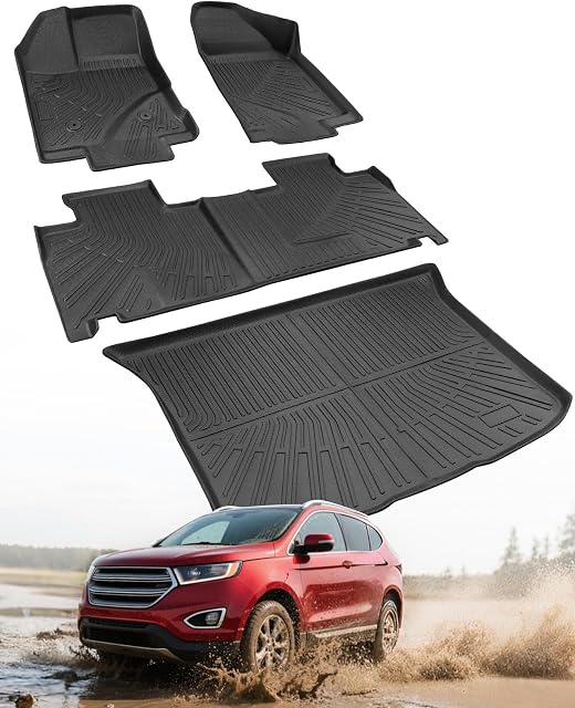Car Floor Mats for Ford Edge 2007-2014 & for Lincoln MKX 2007-2015 Full Set | Cargo Mat Liner Trunk All Weather Rubber TPE Accessories for Edge MKX Custom Fit SUV Rugs Black Waterproof Non-Slip