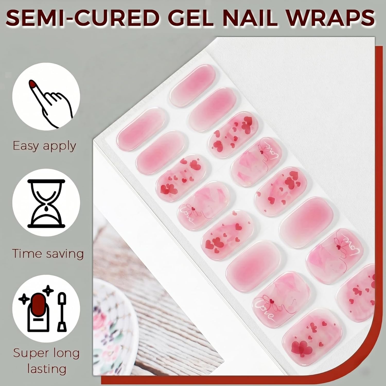 Semi Cured Gel Nail Strips, No UV Lamp Needed & Zero Drying Time, 32 Wraps Romantic Pink Heart Nail Stickers,Travel Friendly Manicure Kit for Valentine's Day and Dating