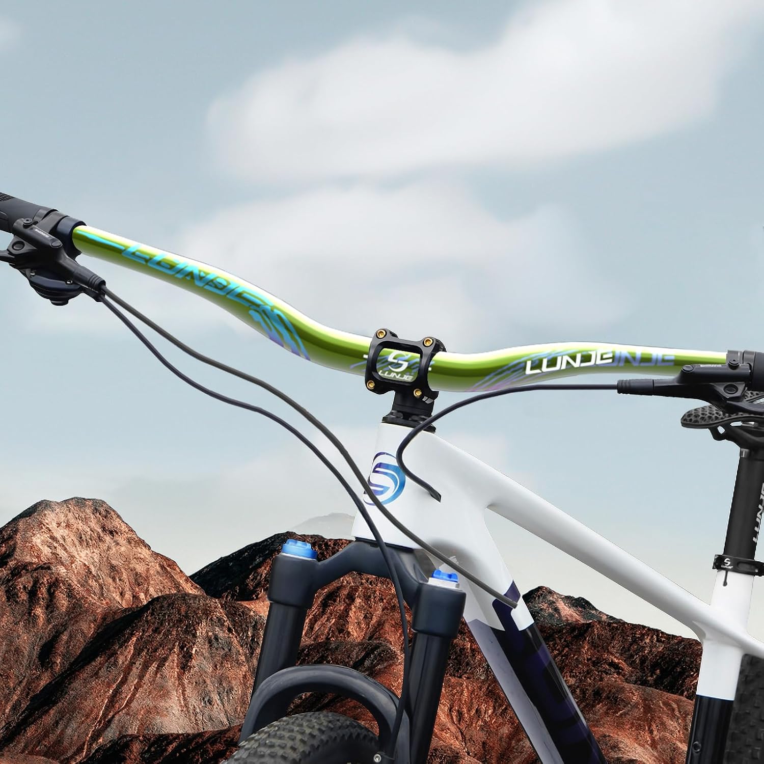 Gloss Finish Mountain Bike Handlebar 31.8mm - 35mm/55mm Hi Rise Bicycle Handlebars - Glow-in-the-Dark Logo Cutable 780mm Aviation Aluminum Bicycle Handlebars for MTB, Chameleon Green -35mm Rise