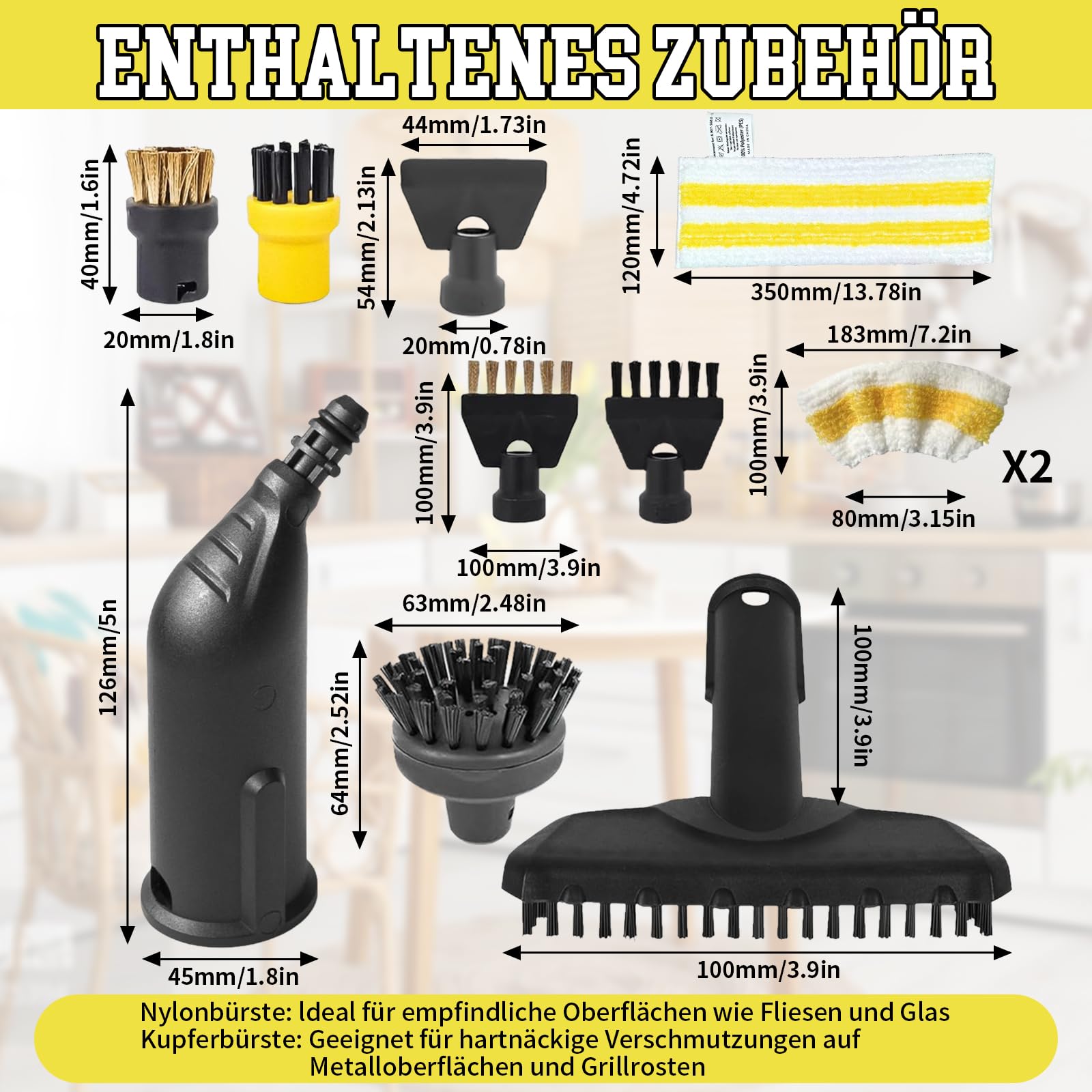 Lot de 11 Accessoires pour Nettoyeur Vapeur Kärcher SC1 SC2 SC3 SC4 SC5 Accessoires, avec brosse ronde, brosse plate, buse incurvée, brosse à vapeur manuelle, grande brosse ronde, housse de chiffon