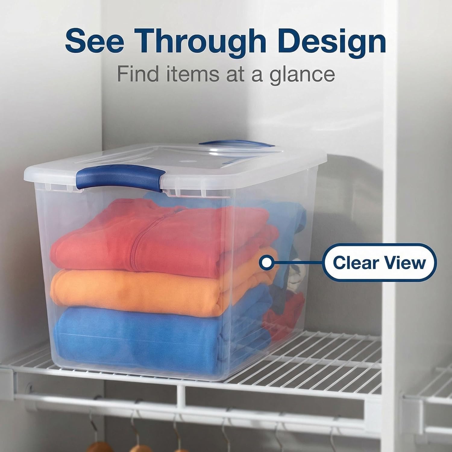 27 Quart Clear Plastic Storage Container with Lid,2 Pack Latching Storage Bins,Blue Stackable Organizer Totes for Closet,Shelves,Dorm Room,Home Office