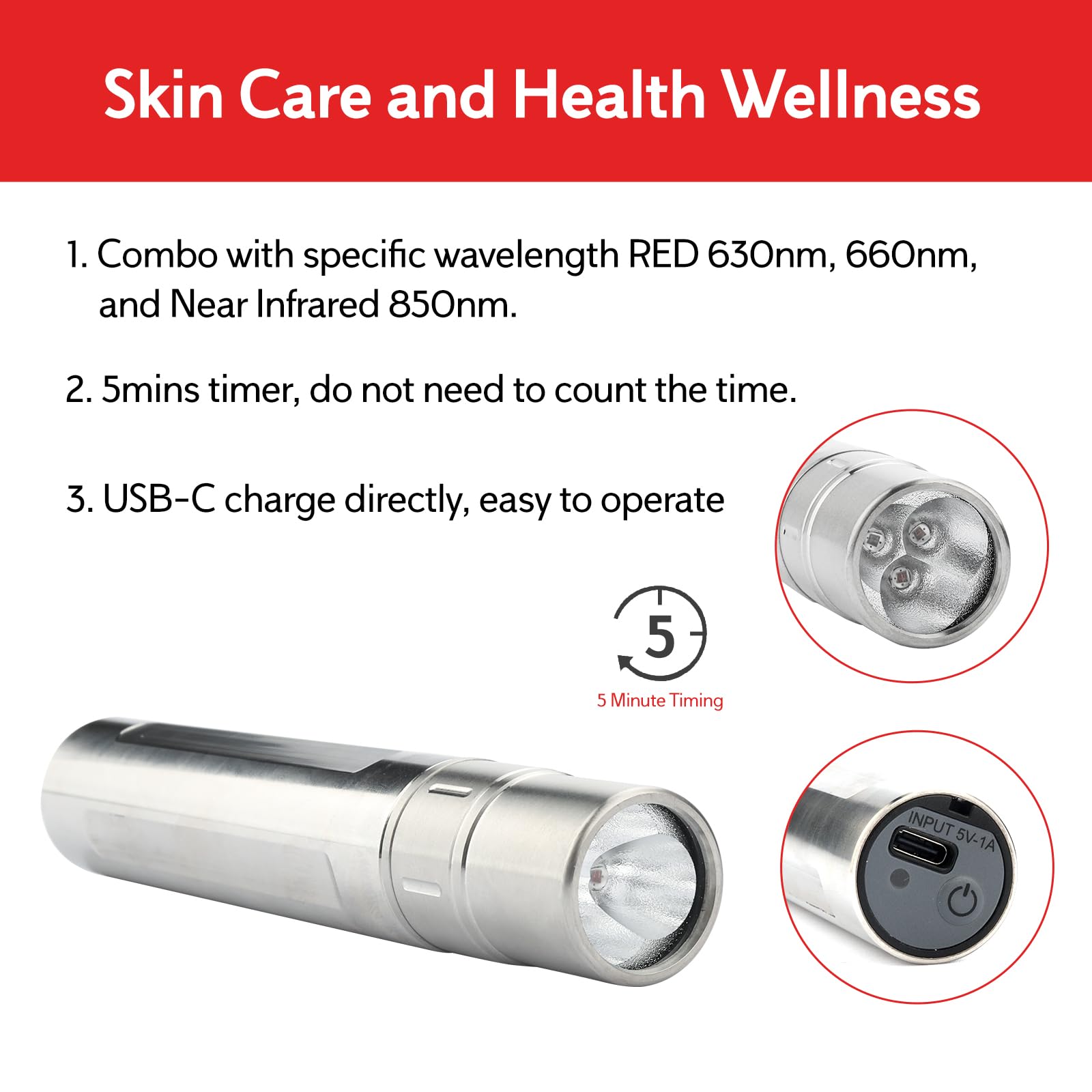 Lámpara de Terapia con Luz Roja Portátil para Rejuvenecimiento de la Piel y Alivio del Dolor – Luz LED 630nm, 660nm & 850nm para Reducción de Arrugas, Dolores Articulares & Musculares