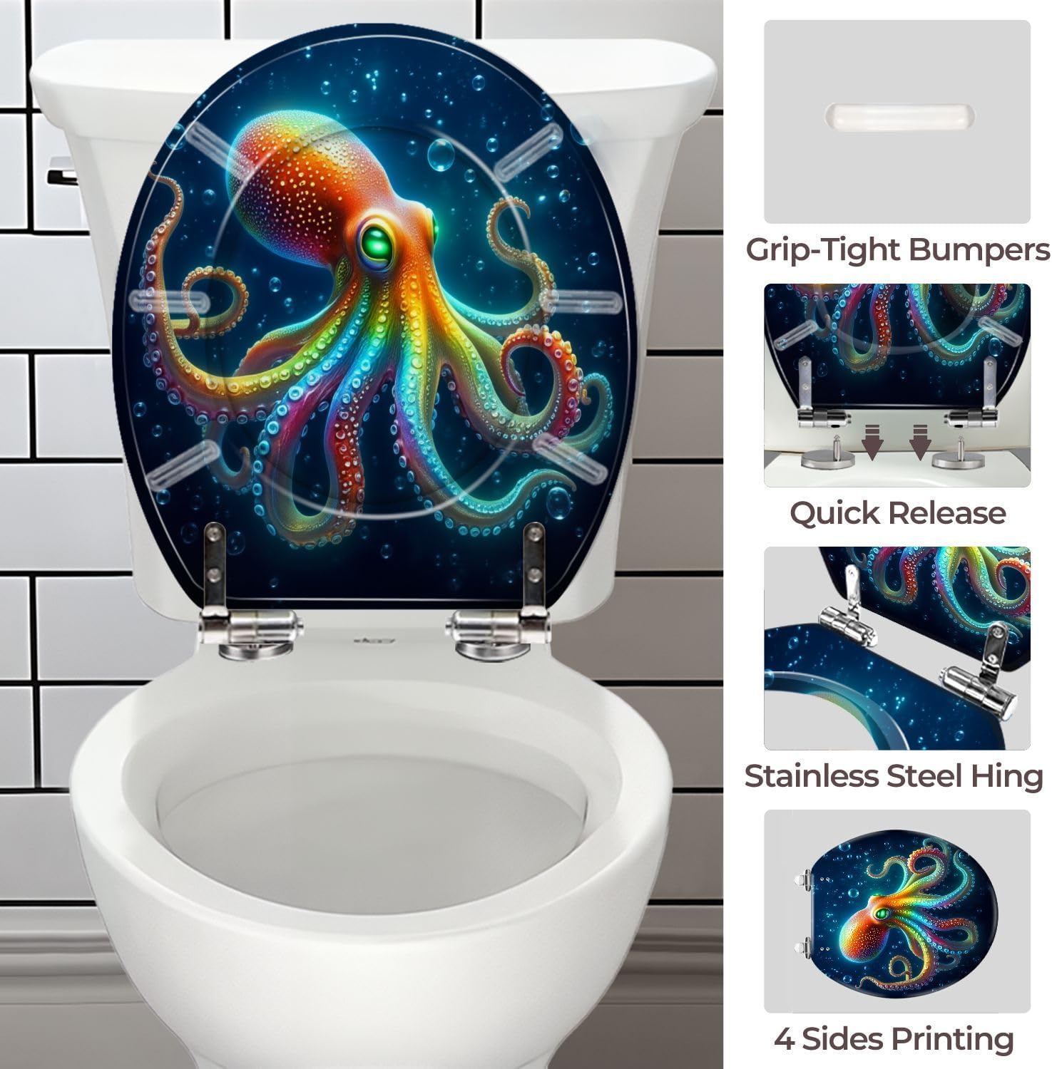Round Toilet Seat Octopus Animal Marine Life Gem Crafts Tentacles Coastal Resin Toilet Seat with Quietly Close Quick Release Hinges Replacement Toilet Seat with Cover Easy to Clean and Install