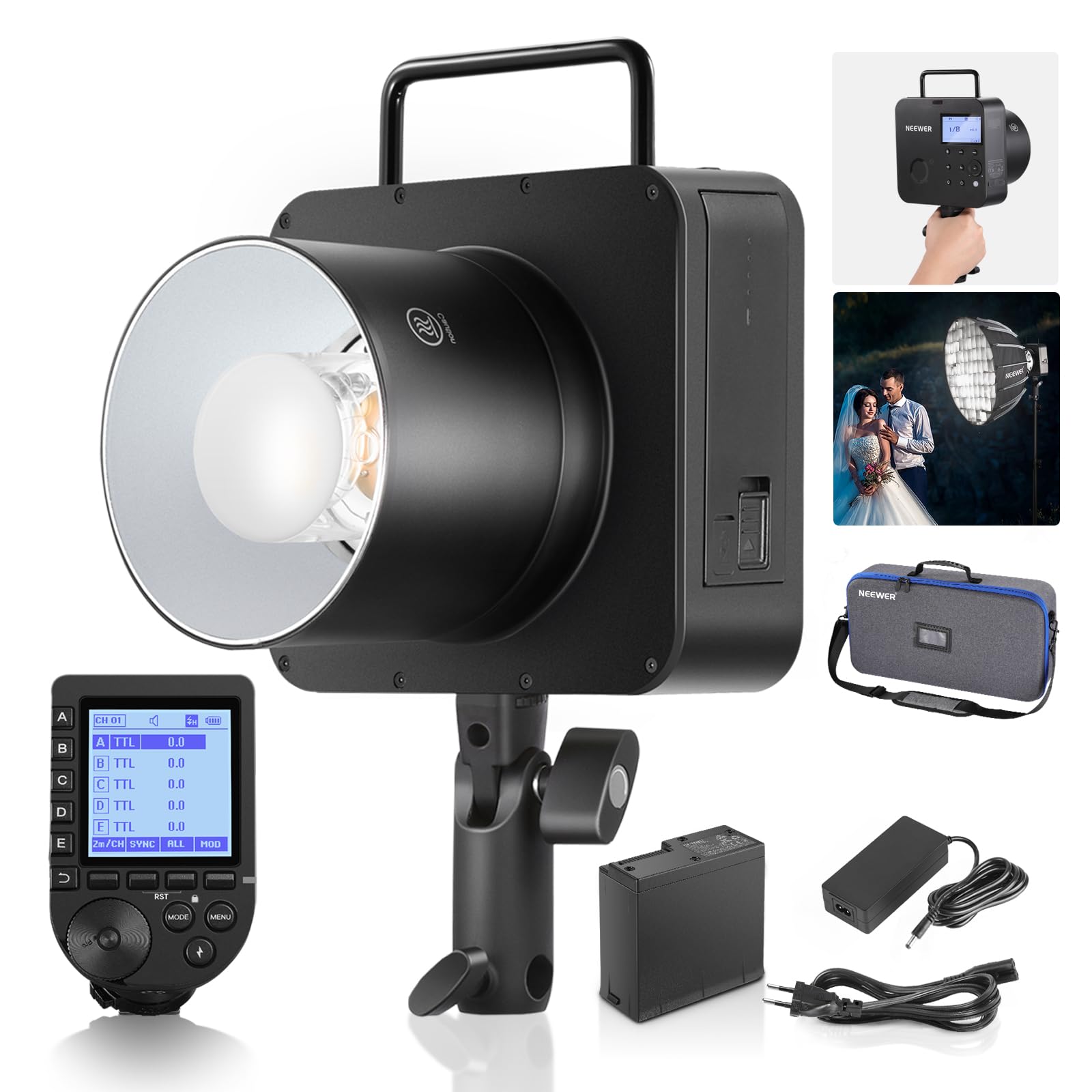 NEEWER Q4 400Ws Flash Estroboscópico 2.4G TTL Disparador QPRO-C Compatible con Canon 1/8000 HSS/Lámpara de Modelado 30W/400 Potencia Completa/Reciclaje 0.01-1.2s/Batería 21.6V 2800mAh para Fotografía