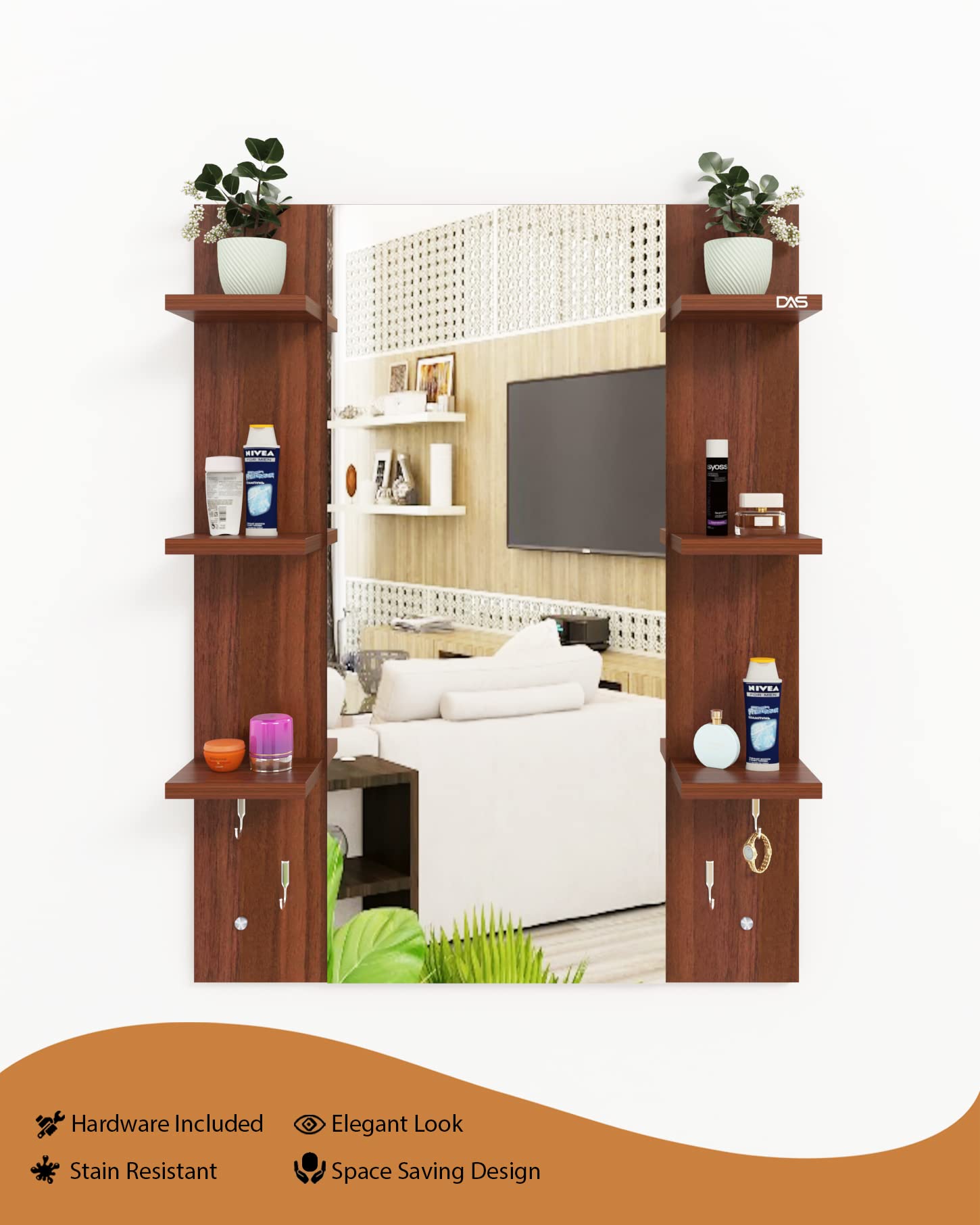 DAS Estefanía Engineered Wood Wall Mount Dressing Table Vanity Mirror with Storage Shelves - Classic Walnut,