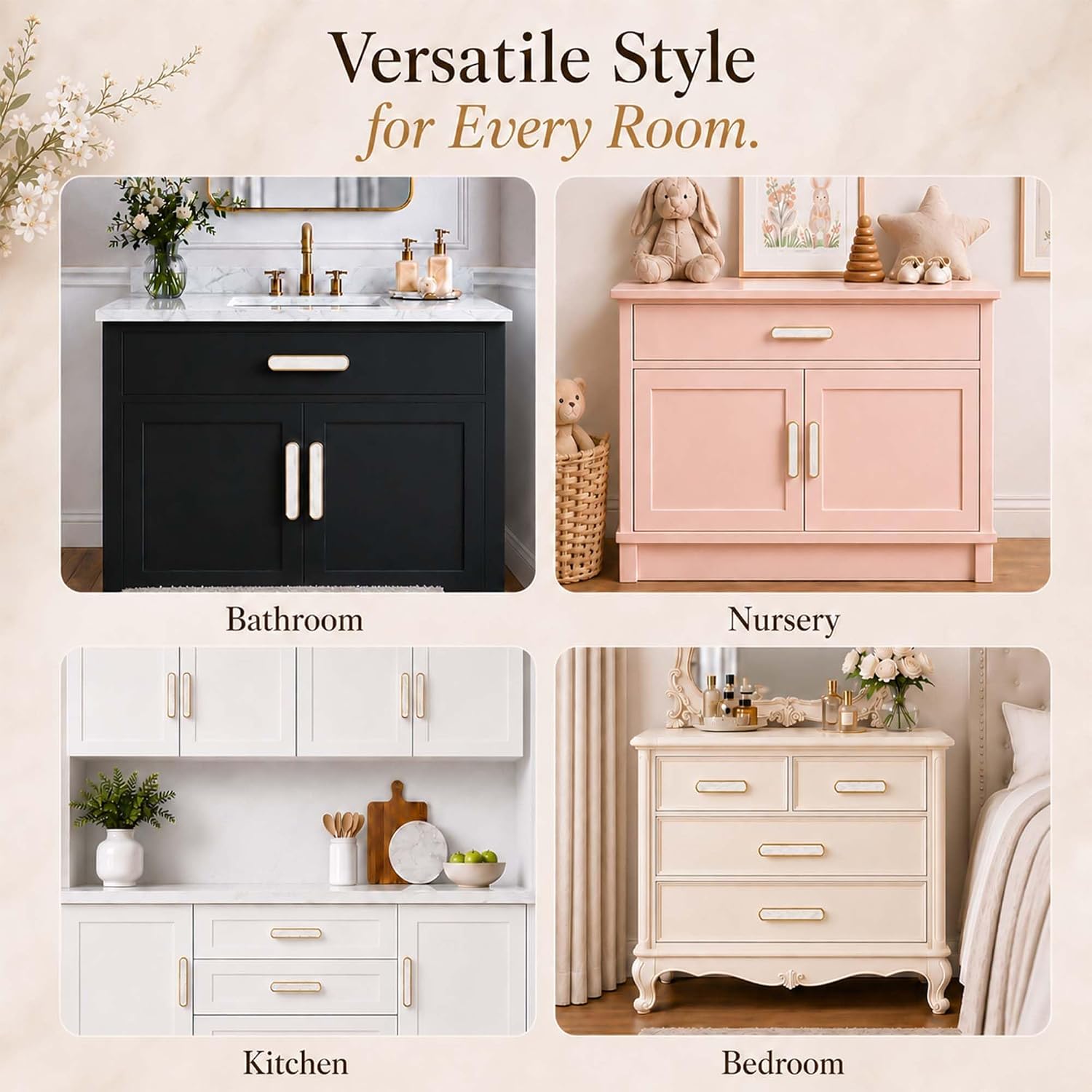 4 Pack Pearl White Unique Cabinet Pulls, 3-3/4 Inch Drawer Handles | Zinc Alloy, Pearlescent White Finish, Kitchen, Bathroom Cabinets, Dressers, Nightstands, Cupboards, Coastal Farmhouse Style