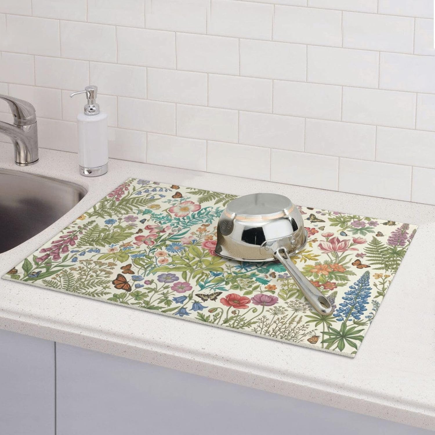 Colorful Flower Large Absorbent Dish Drying Mat For Kitchen Counter,18*24in