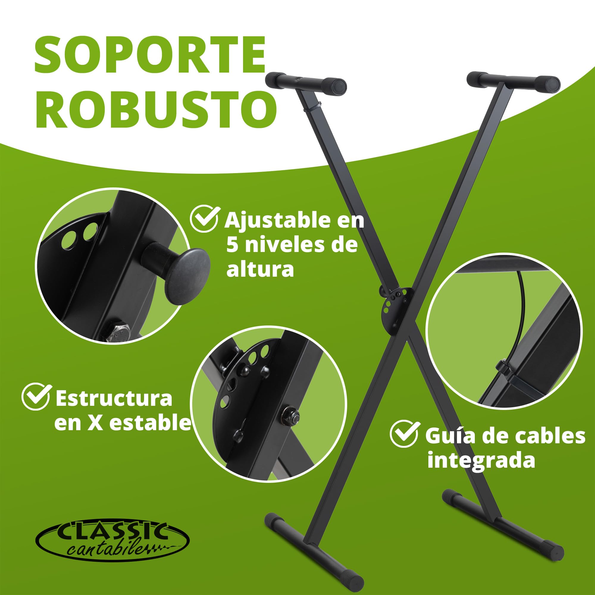 Classic Cantabile Set de Teclado Soporte de Teclado en X Ajustable en 5 Alturas - Banco para Teclado Acolchado Ajustable en 3 Alturas – Soporte Plegable Estable y banqueta cómoda - Negro