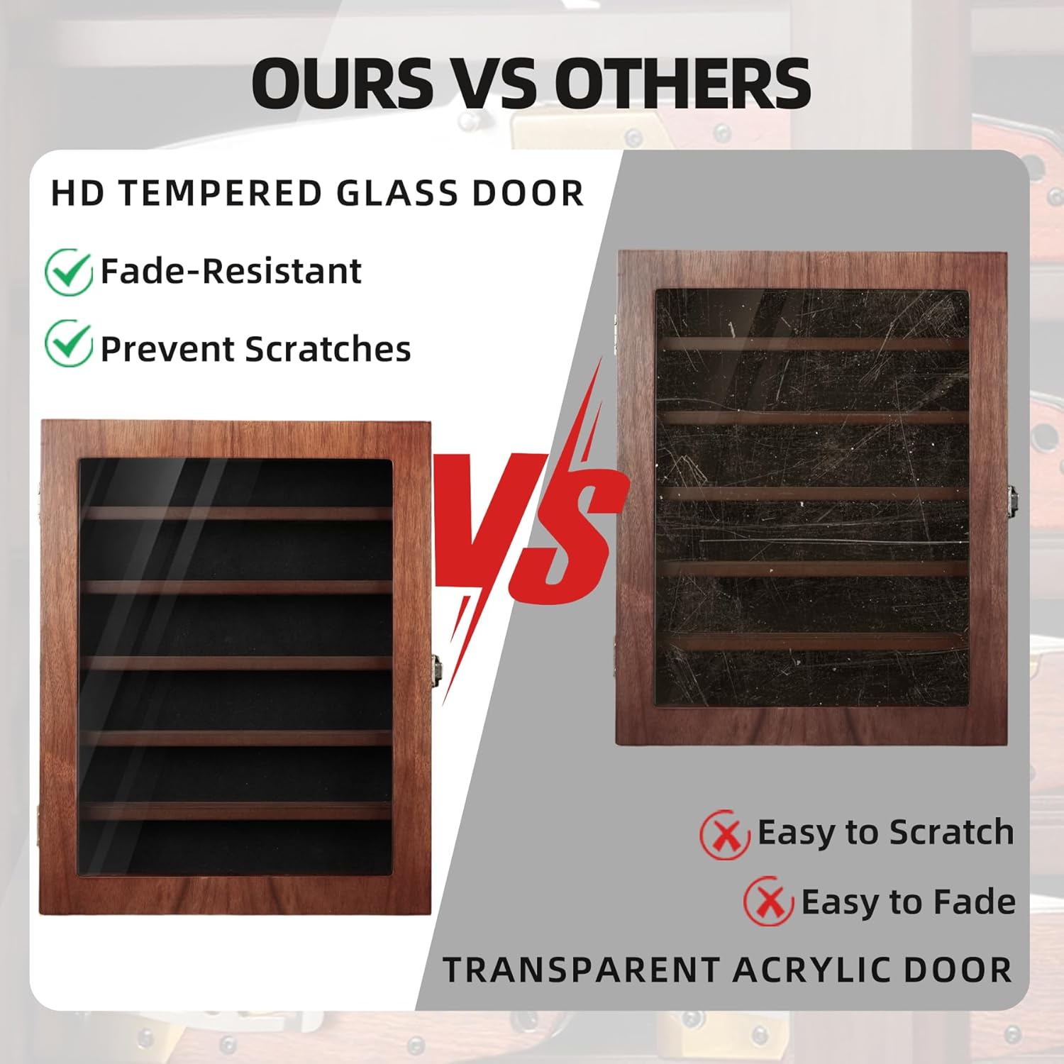 Knife Display Case for Wall, Pocket Knife Display Box with HD Tempered Glass, 6 Rows Military Folding Knives Shadow Box with Removable Shelves - 10.9"W x 13.8"H x 2.1"D, Walnut