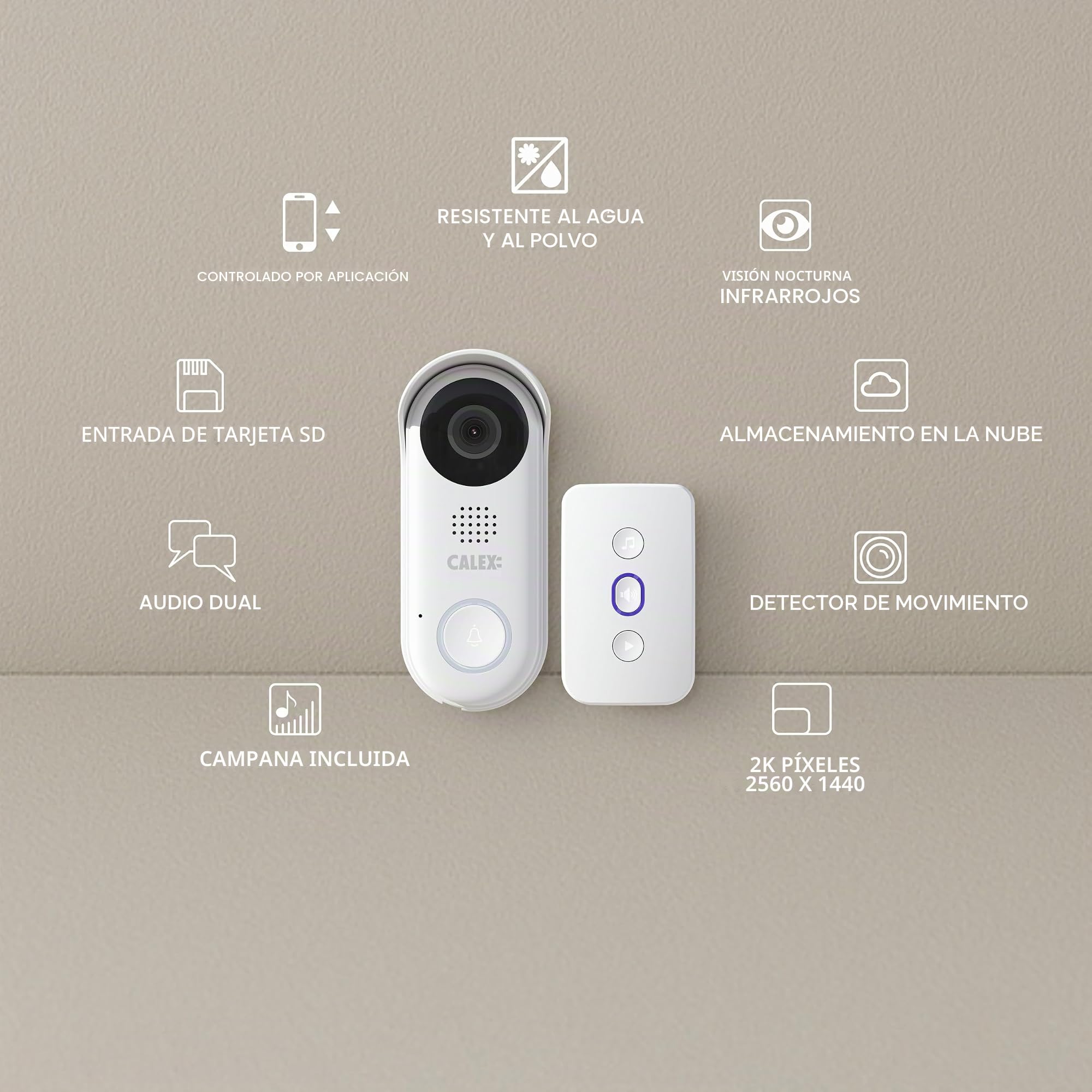 CALEX Videoportero Inteligente, Cámara 2K, Visión Nocturna, WiFi App | Ve quién llama desde tu smartphone, con visión nocturna y almacenamiento en la nube o tarjeta SD