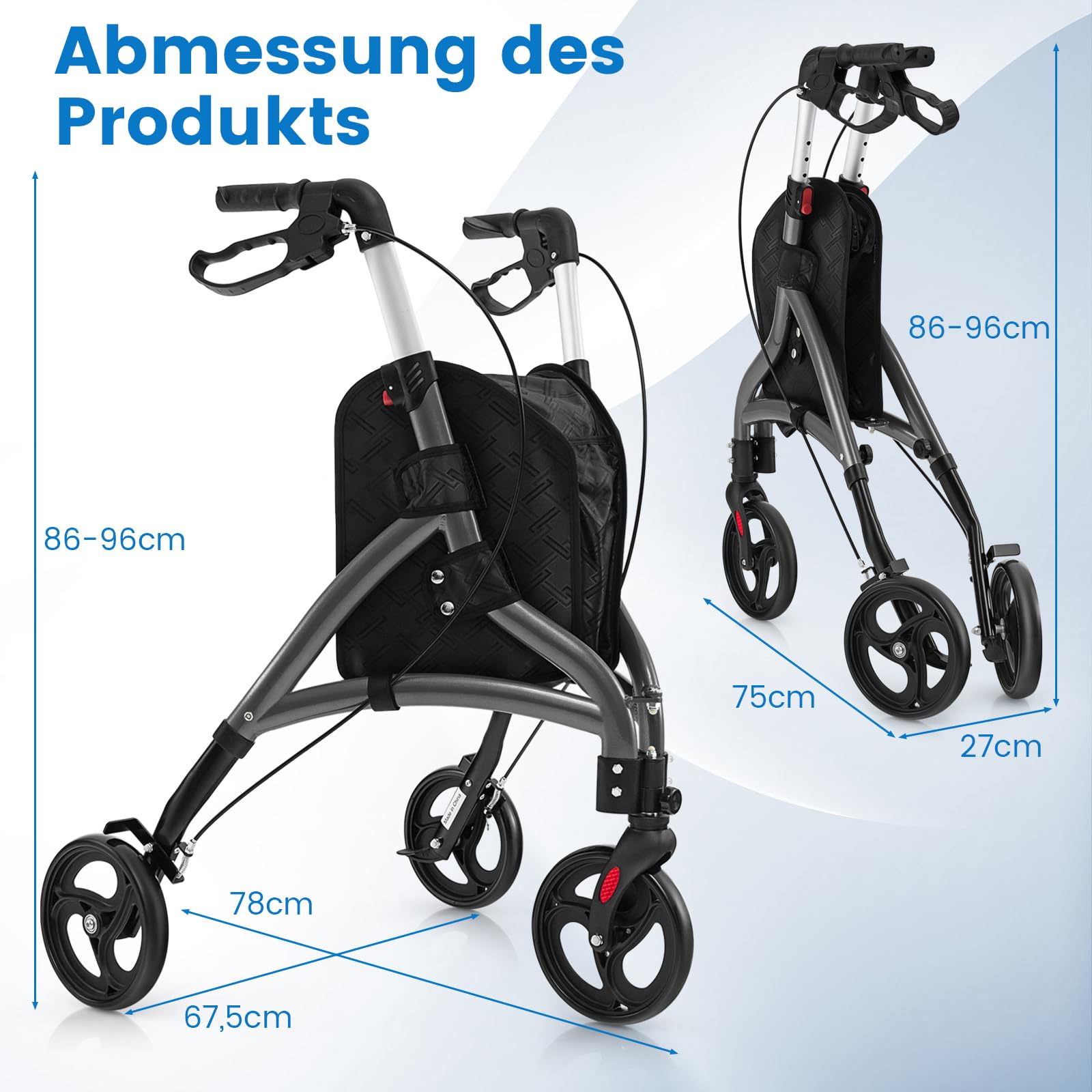 COSTWAY Rollator schmal für Wohnung, Dreirad, faltbar und leicht, Gehhilfe 6-fach höhenverstellbar, Gehwagen mit Tasche & Bremse, Aluminiumrahmen, klappbar für Senioren & Erwachsene (Grau)