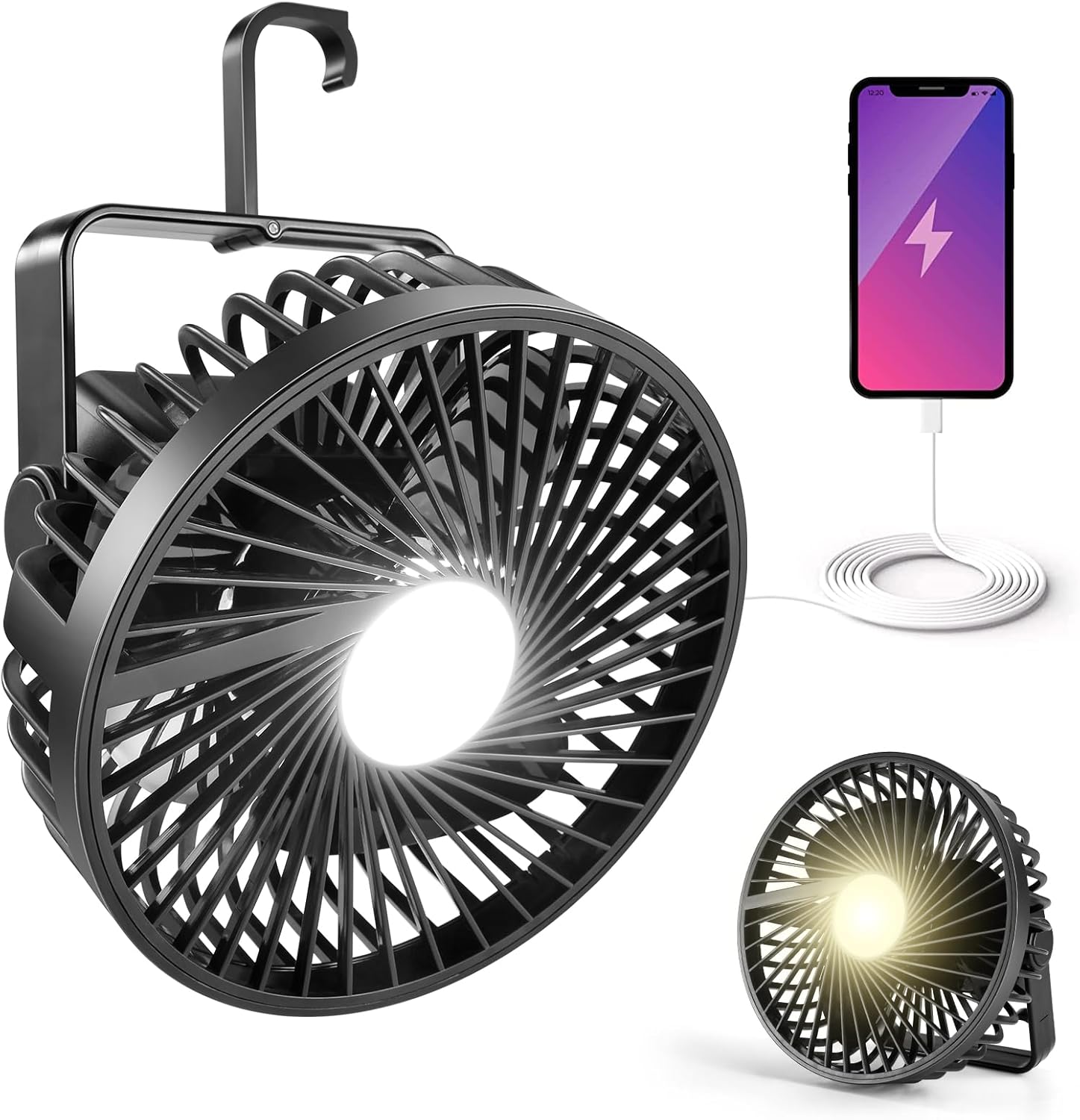 Odoland Camping Fan with LED Lantern, Rechargeable Battery Operated Fan with Hang Hook, Portable Camp Tent Fan, USB Table Fan with Light for Outages Hurricane Emergency