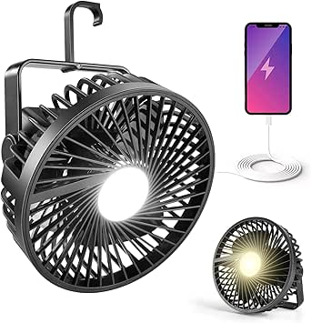 Odoland Camping Fan with Lantern, 7500mAh Rechargeable Battery Operated Fan with Hang Hook, Portable Camp Tent Fan with LED Light, USB Table Fan for Outdoor, Hurricane Emergency, Hiking, Power Outages