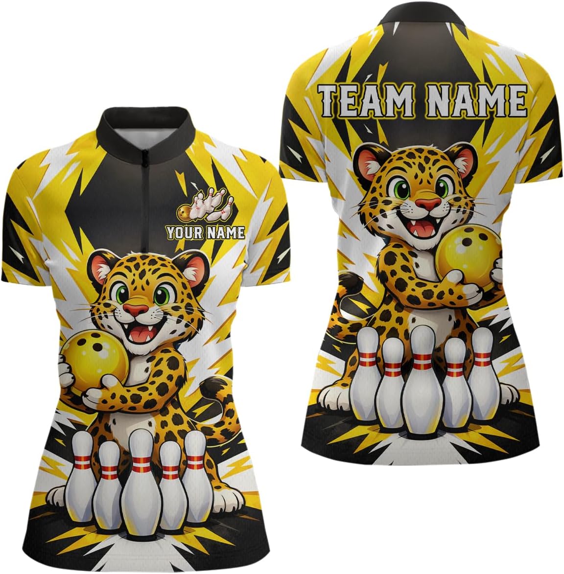 Funny Leopard Bowling Shirts for Team Men Women Leopard Bowling Jersey Yellow Bowling Polo and Bowling Zip Shirt