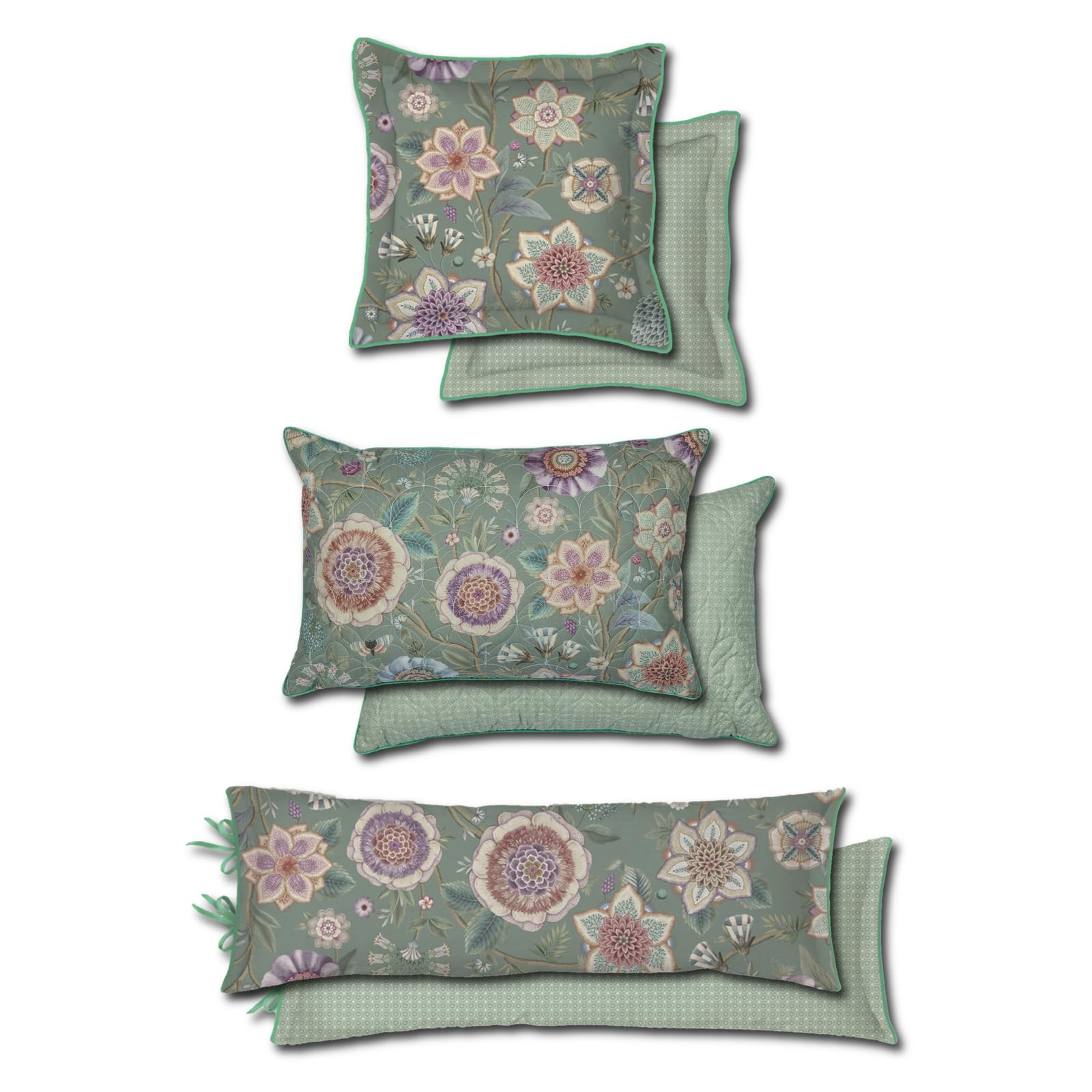 Pip Studio Dekokissen Viva Las Flores Grün Blüten Blumen Blätter Beeren Stiele Zweige Wendeoptik Geblümt Floral, Größe:45 x 70 cm