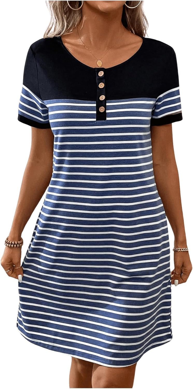 Women's Casual Summer Dresses 2025 Short Sleeve Crewneck Striped Button Front Mini Tshirt Dress with Pockets - Image 5