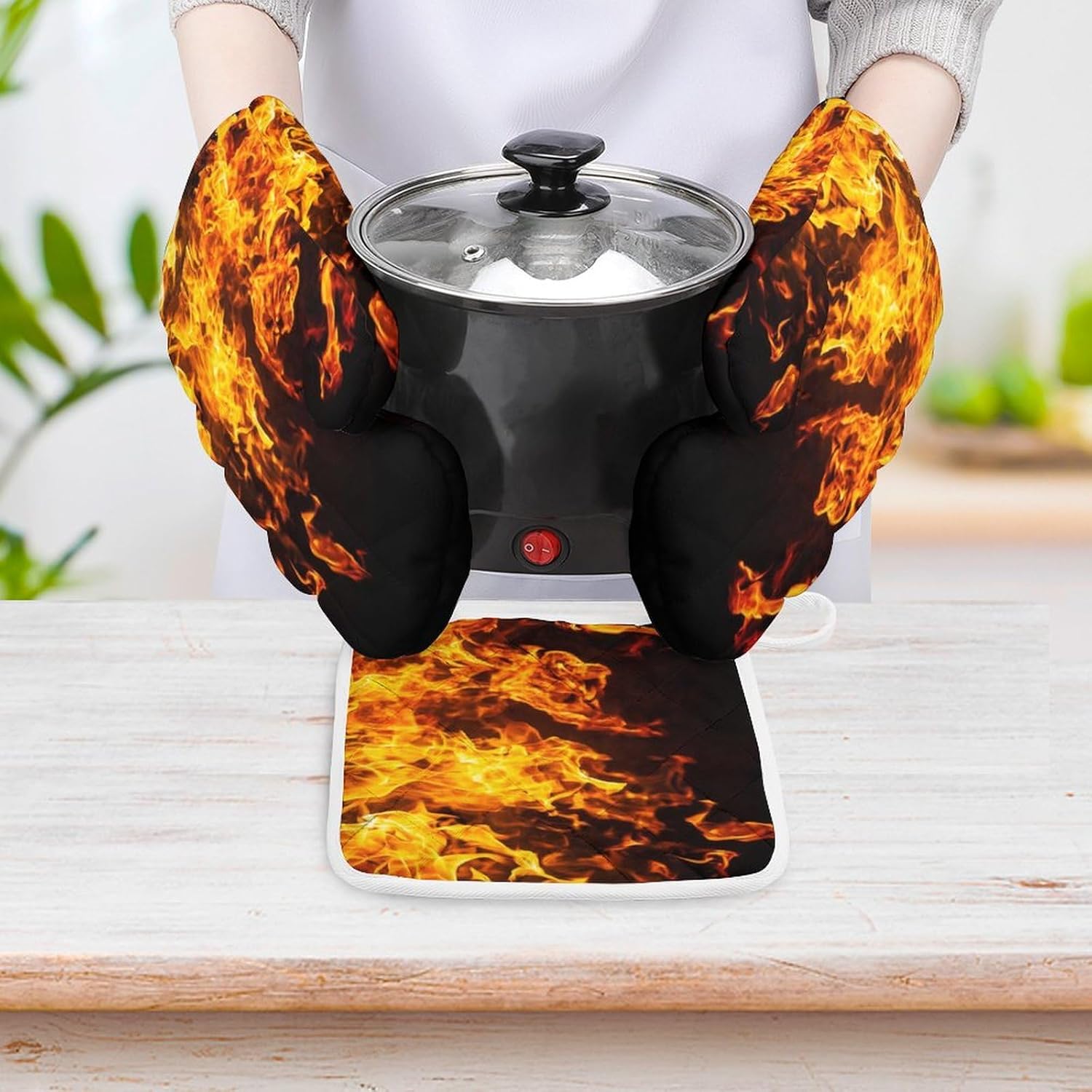 Big Fire Flames on Black Print Oven Mitts and Pot Holders 3 Piece Sets Heat Resistant Gloves Hot Pads Potholders for Kitchen Baking Cooking