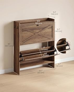 VASAGLE Narrow Shoe Storage Cabinet Organizer with 2 Flip Drawers