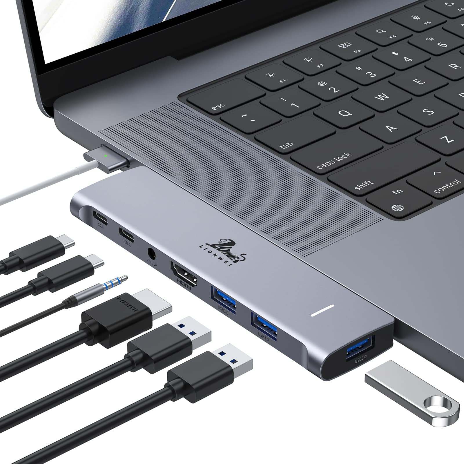 USB C Hub Adapter for MacBook Pro/Air M1M2M3 2022 2021 2020 13"15"16",Multiport MacBook Adapter MacBook Accessories with 4K HDMI,3USB3.0,Audio,100W Thunderbolt-Enabled USB-C,Support MagSafe 3 Charging