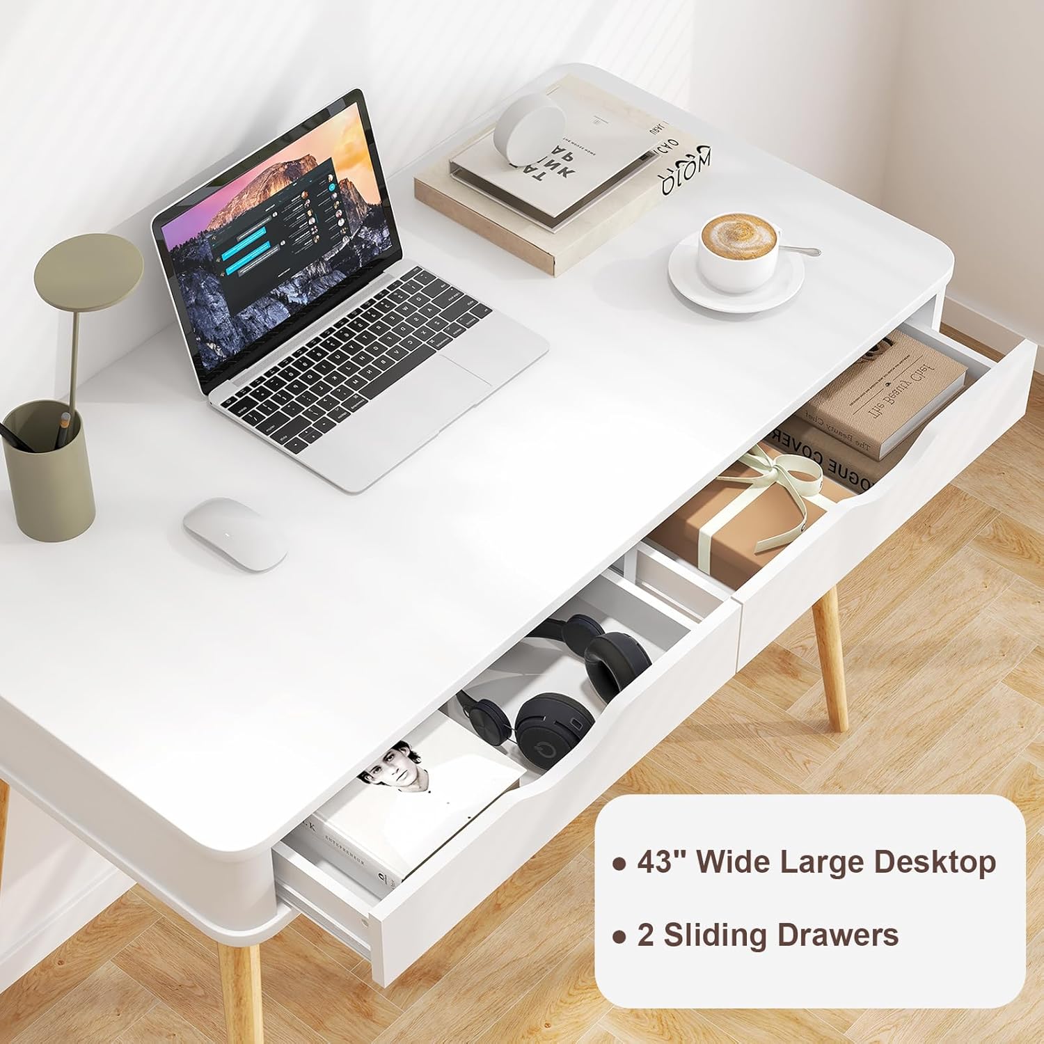 POWERSTONE Mid Century Office Desk with 2 Drawers - Vintage Writing Desk Computer Workstation with Sturdy Rubberwood Legs & Spacious 43.5" Desktop for Home Office Bedroom White