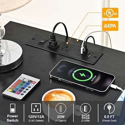 Miniatura 4 de Livofloral Juego de 2 mesitas de noche con LED, mesita de noche con estación de carga, juego de 2 mesas auxiliares negras con cajones de madera,