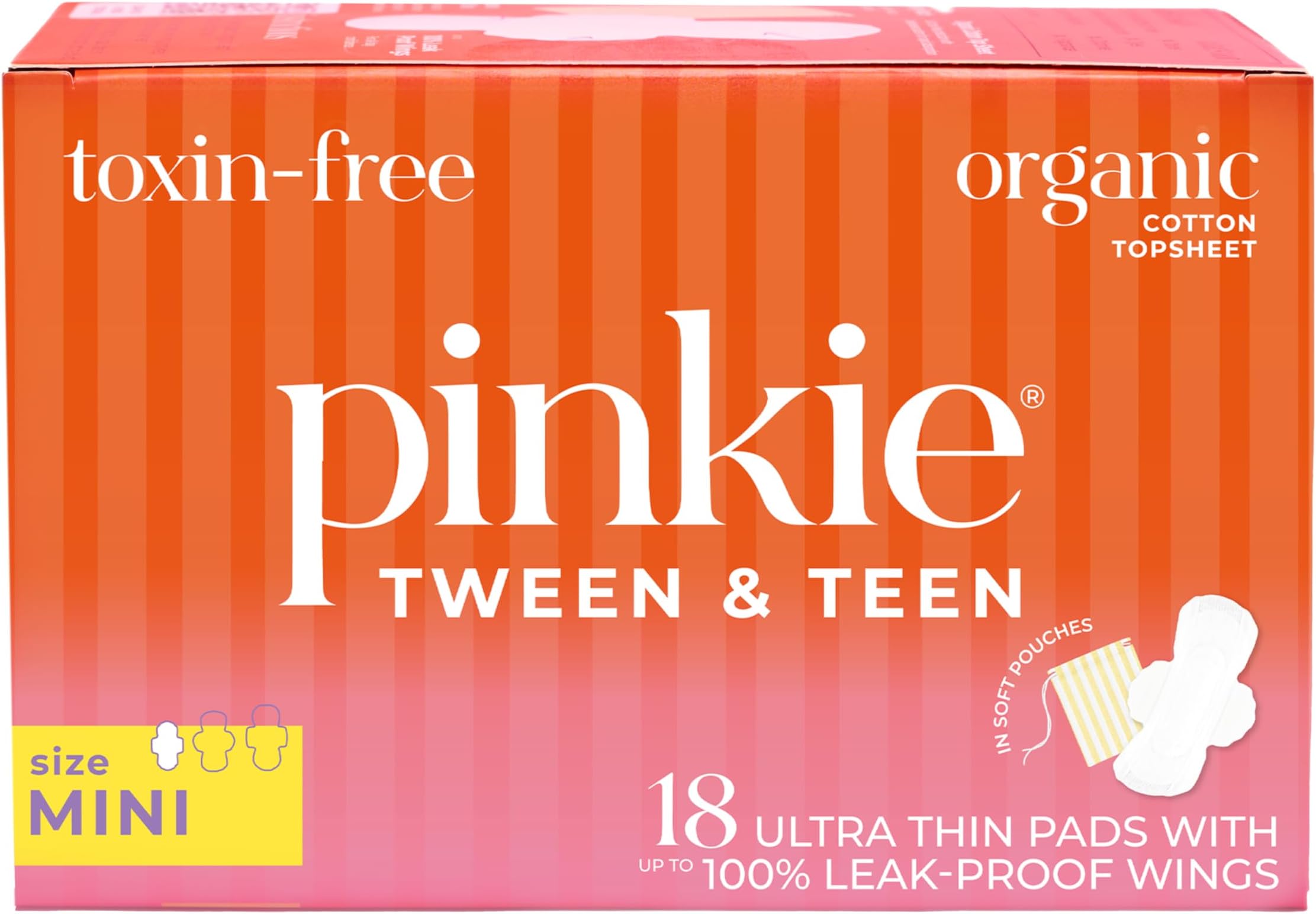 Pinkie, Inc. Period Pads for Tweens & Teens - Designed for Smaller Underwear - Organic Cotton Topsheet Teen Pads with Wings - Chlorine Free - Teen Mini, 18 Count