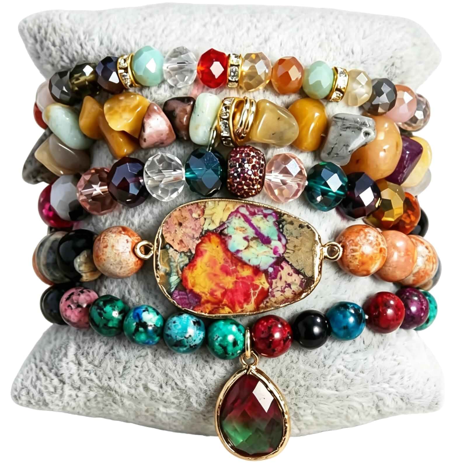 Yomisa 5/6PCS Multilayer Wrap Boho Beaded Bracelets/Bangle for Women Trendy Healing Natural Stone Bead Bracelets, Handmade Stackable Friendship Stretch Beaded Bracelet Set, Bohemian Jewelry Gift