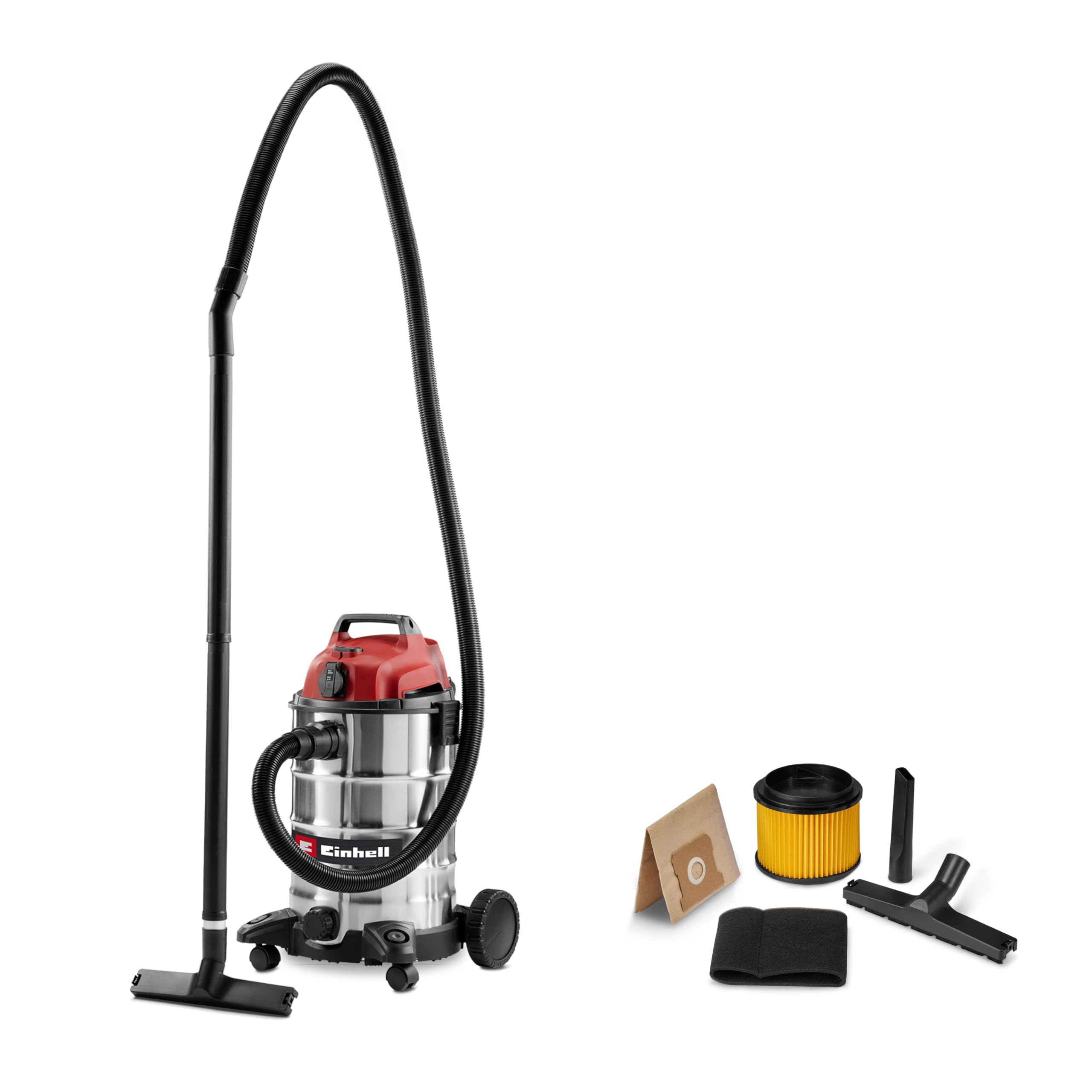 Einhell Aspirateur eaux et poussières TC-VC 3055 SA (900 W, 190 mbar, Prise de Courant asservie, cuve en INOX de 30 l, Roues et roulettes, avec Accessoires, filtres et Sac collecteur de poussière)