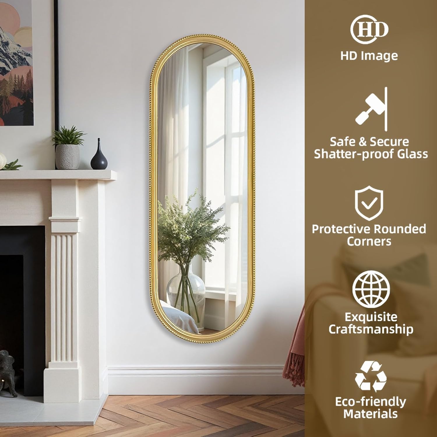 gold arched wall mirror for bathroom, 16"x47" square craft designed wooden frame, unique modern mirror for over sink, bedroom, living room, dresser, entryway decor gold rectangle 47"l x 16"w