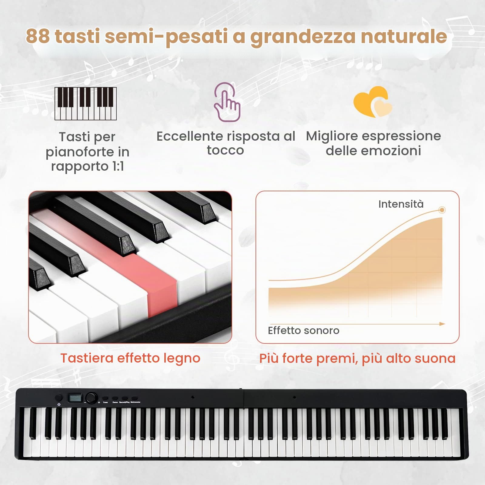 RELAX4LIFE Pianoforte Digitale 88 Tasti Semi-Pesati Pieghevole e Portabile con Custodia, Leggio, Sustain Pedali, Modalità di Insegnamento,MP3/USB/MIDI/Bluetooth, Nero