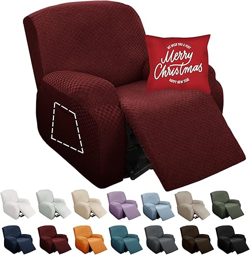 Vista 75 de YEMYHOM Funda elástica de 4 piezas para silla reclinable de jacquard con bolsillo lateral, antideslizante, ajustable, protector de muebles con parte