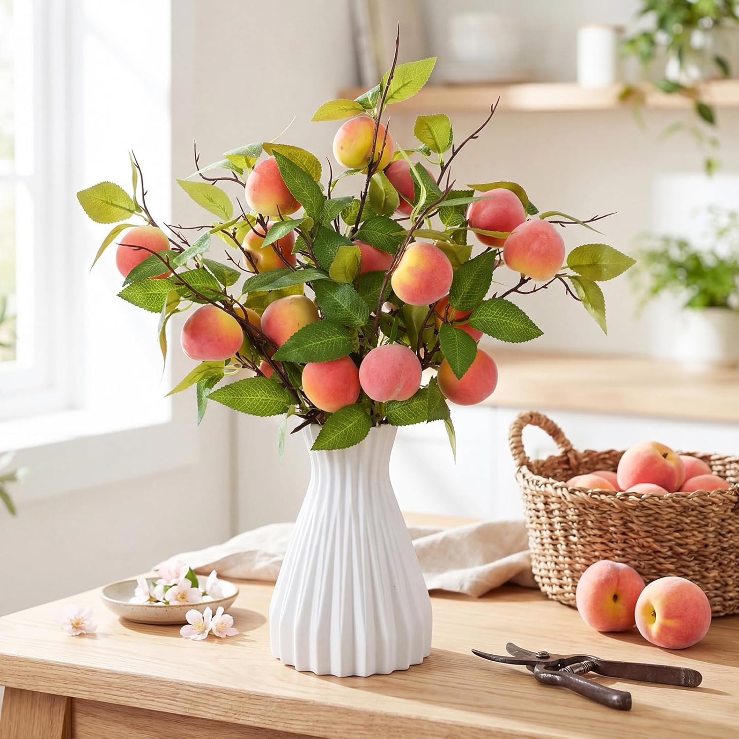 Daifunli 10 Pcs Artificial Peach Branches Realistic Artificial Peach Fruits with Green Leaves Simulation Branches Decoration for Vase Home Party Decoration (2 Peaches,14.96 Inch)