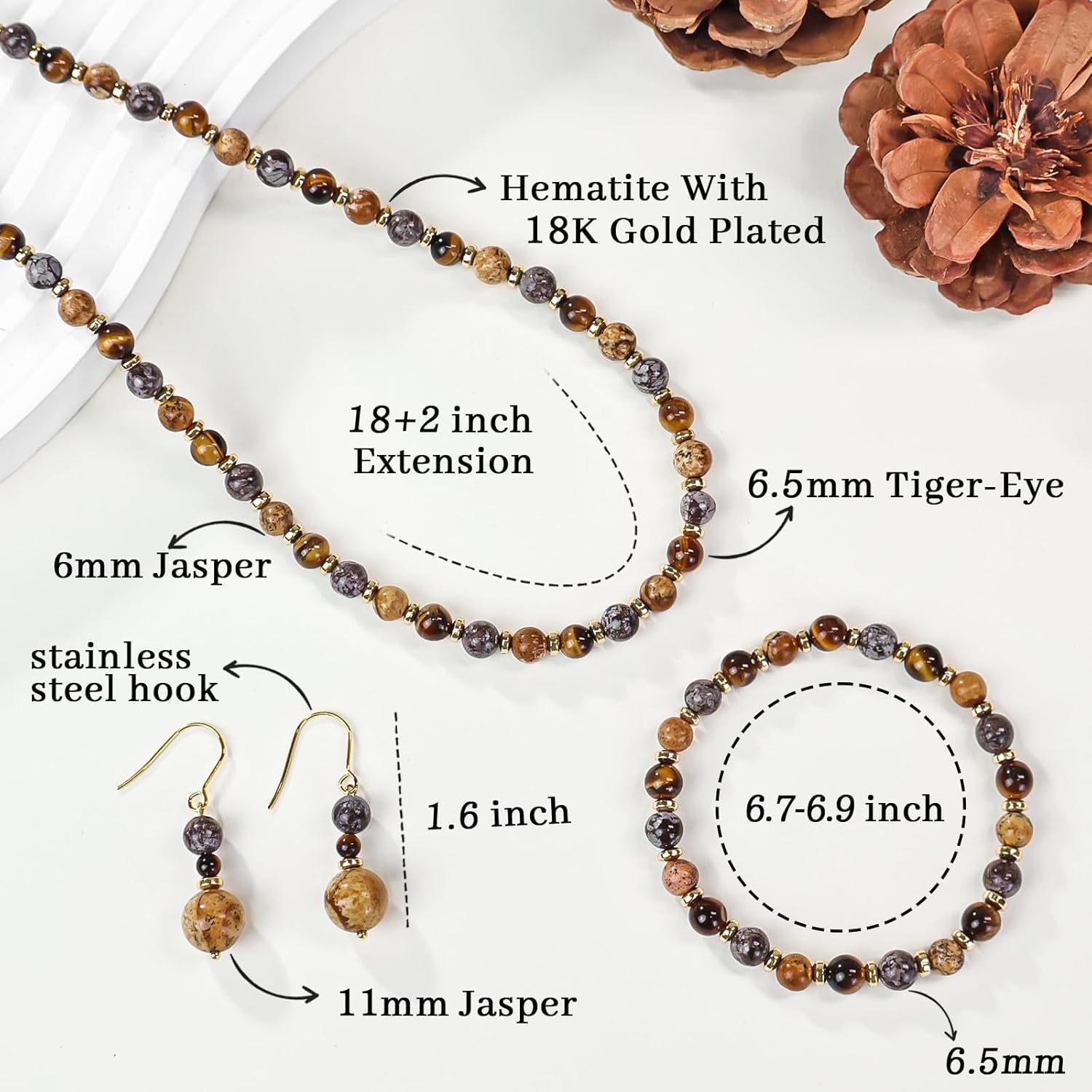 Beaded Necklaces for Women 3Pcs Colorful Boho Gemstone Bead Choker Summer Natural Stone Surfer Beach Bead Necklace Bracelets Earring Set Handmade Jewelry for Women Gift Jewelry Sets